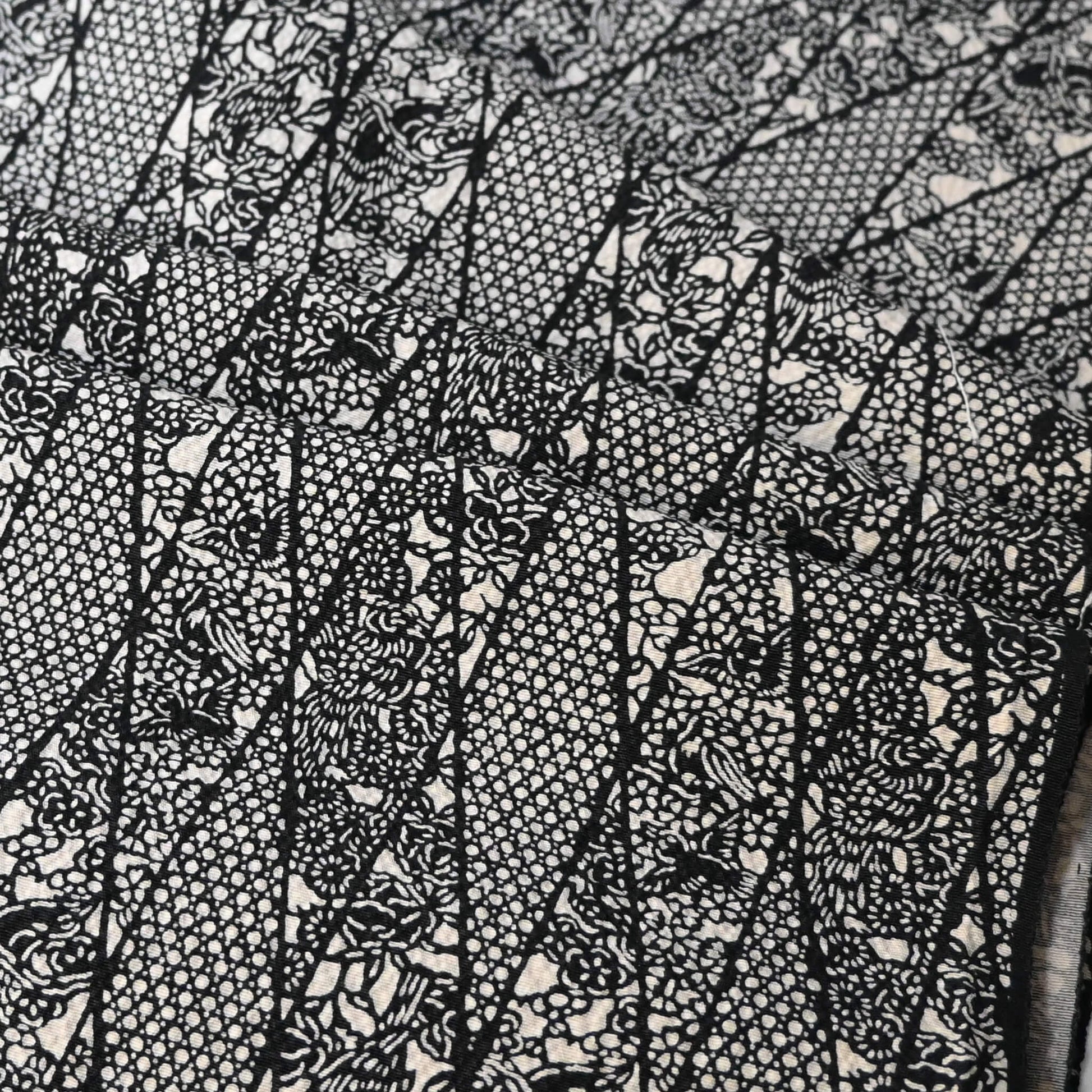 Close-up view of vintage katazome dyed black and white silk crepe with intricate flower and bird motifs.