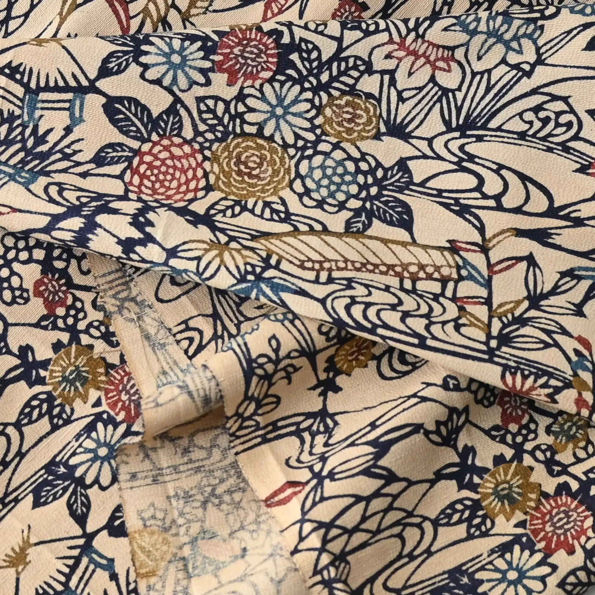 Detailed view of vintage women's silk crepe kimono fabric piece with Katazome stencil dyed seasonal flowers motif.