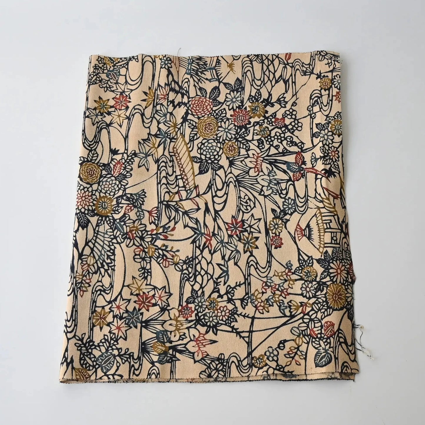 Vintage women's silk crepe kimono fabric piece with Katazome stencil dyed seasonal flowers motif.