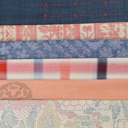 Set of six vintage kimono silk pieces in orange tone, perfect for any crafts.