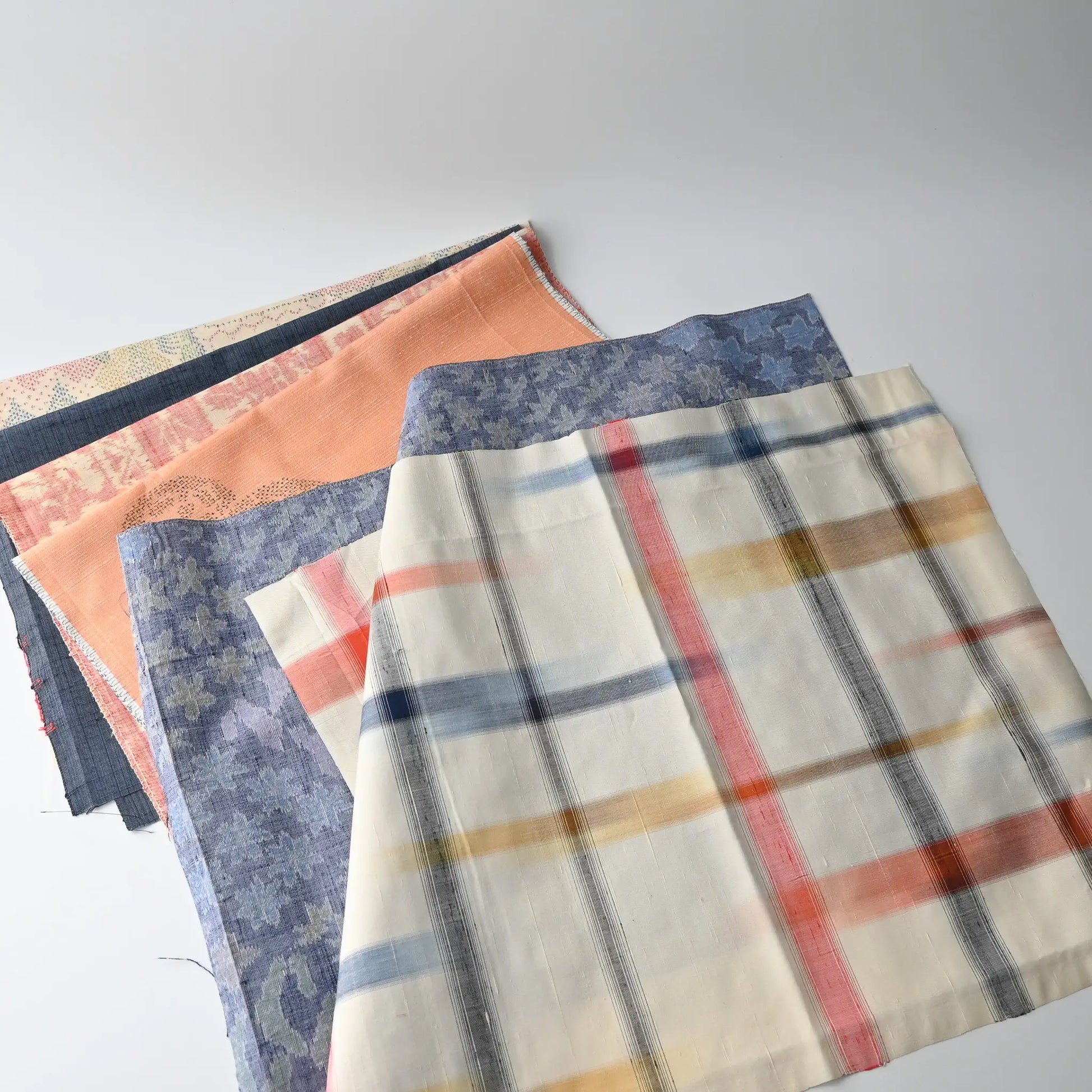 Set of six vintage kimono silk pieces in orange tone, perfect for any crafts.