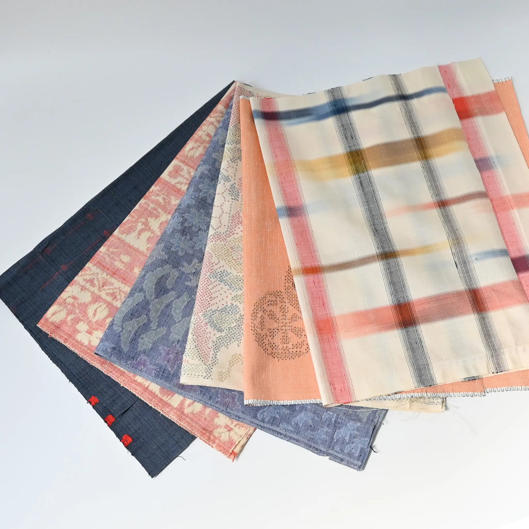Set of six vintage kimono silk pieces in orange tone, perfect for any crafts.
