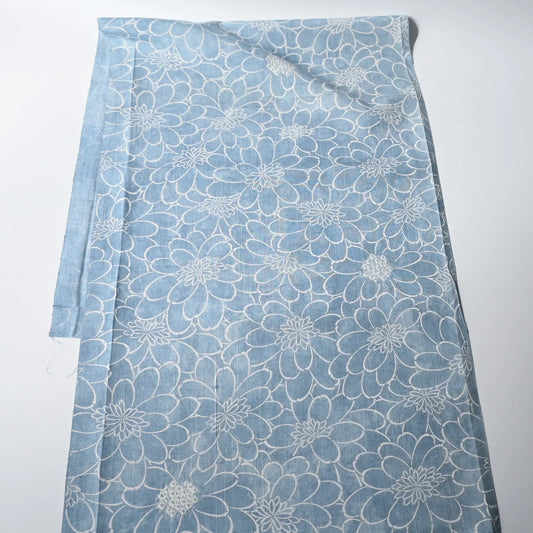 Vintage light blue tsumugi silk kimono fabric with chrysanthemum motifs and shibori accents.