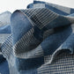 Close-up view of vintage lightweight soft indigo cotton piece from an old kimono with a large chequered design.