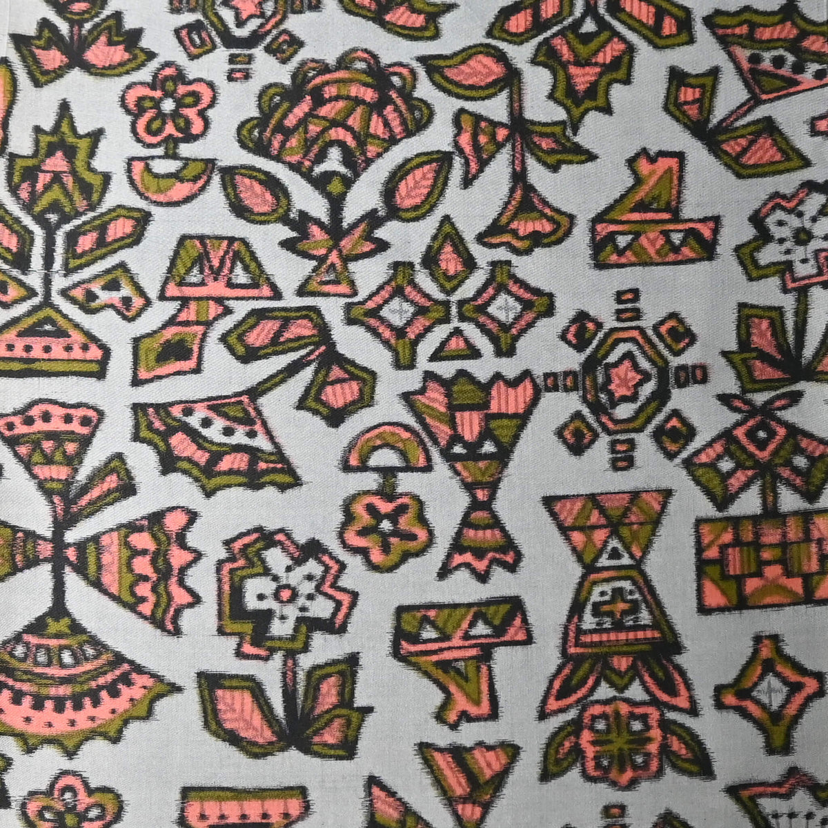 Detailed view of vintage Japanese Meisen silk kimono fabric piece from the mid 20th C, with stylised botanical design.