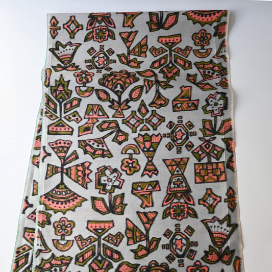 Vintage Japanese Meisen silk kimono fabric piece from the mid 20th C, with stylised botanical design.