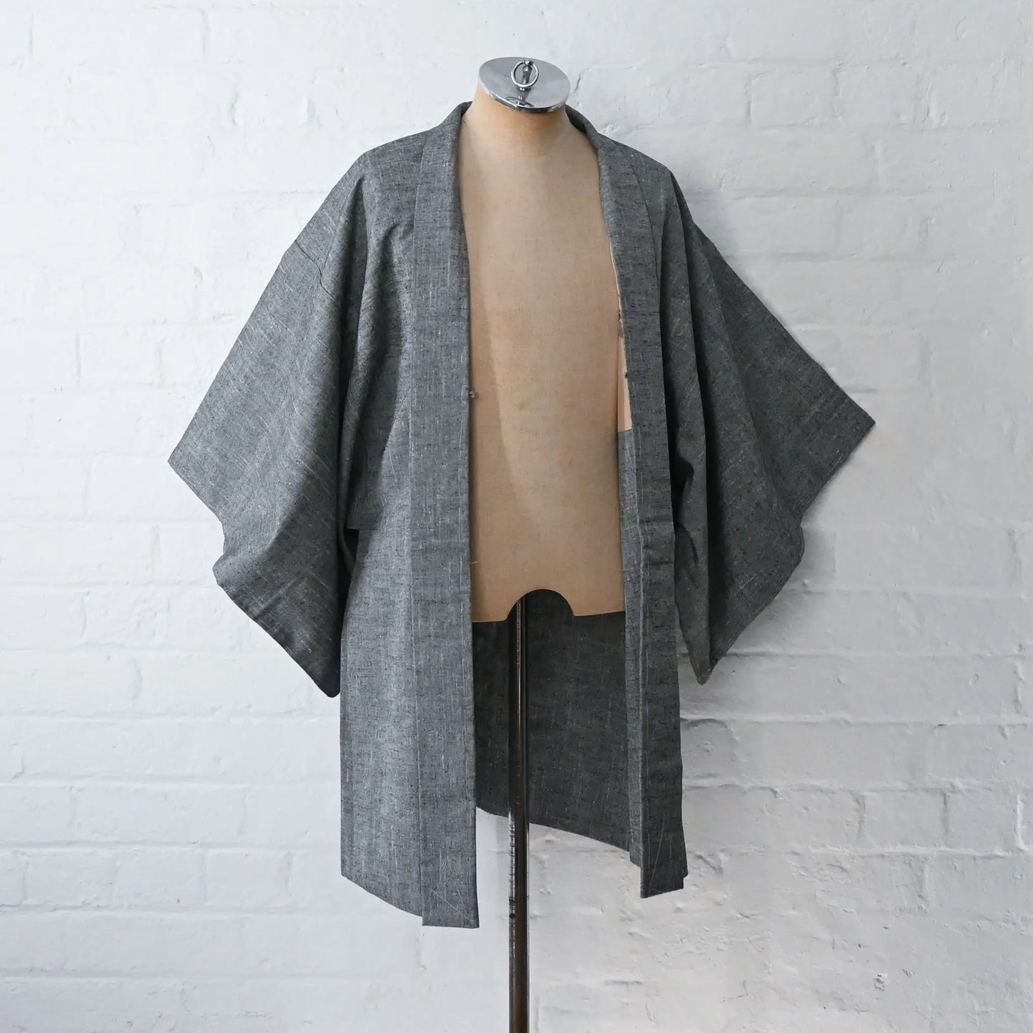 Vintage men's grey tsumugi silk haori with hand-painted lining.