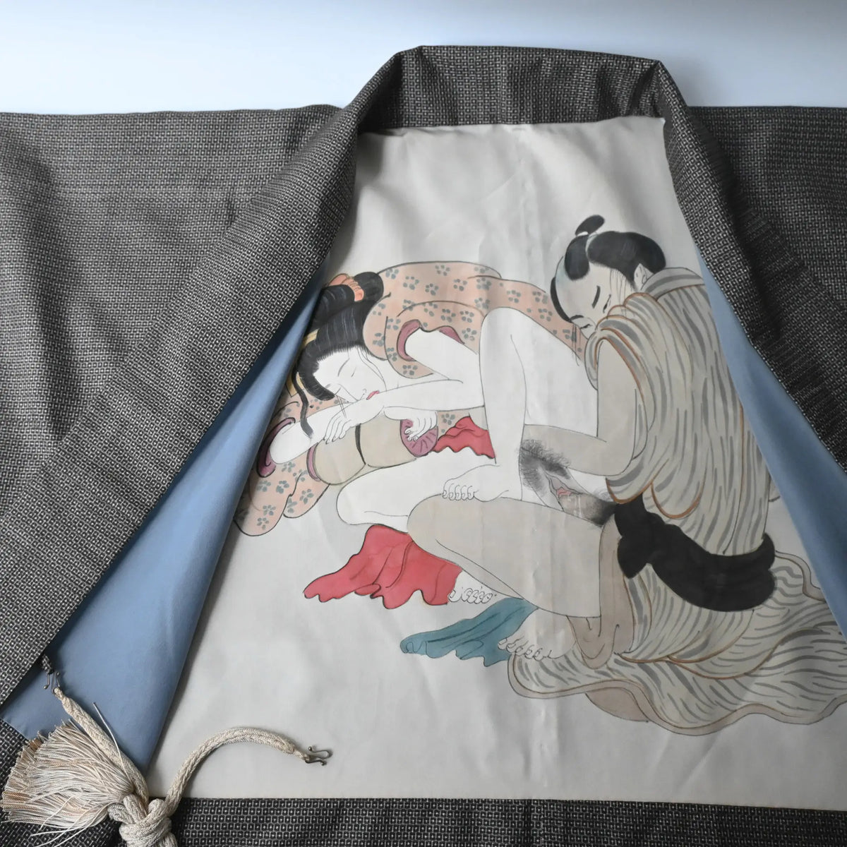 Vintage Japanese men's silk haori with rare hand-painted Shunga on the lining.