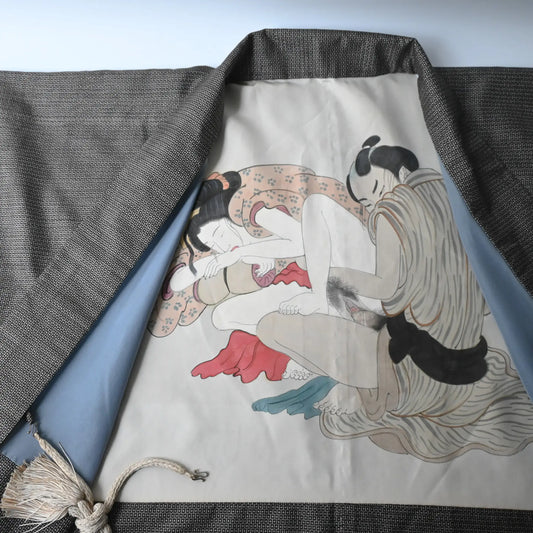 Vintage Japanese men's silk haori with rare hand-painted Shunga on the lining.