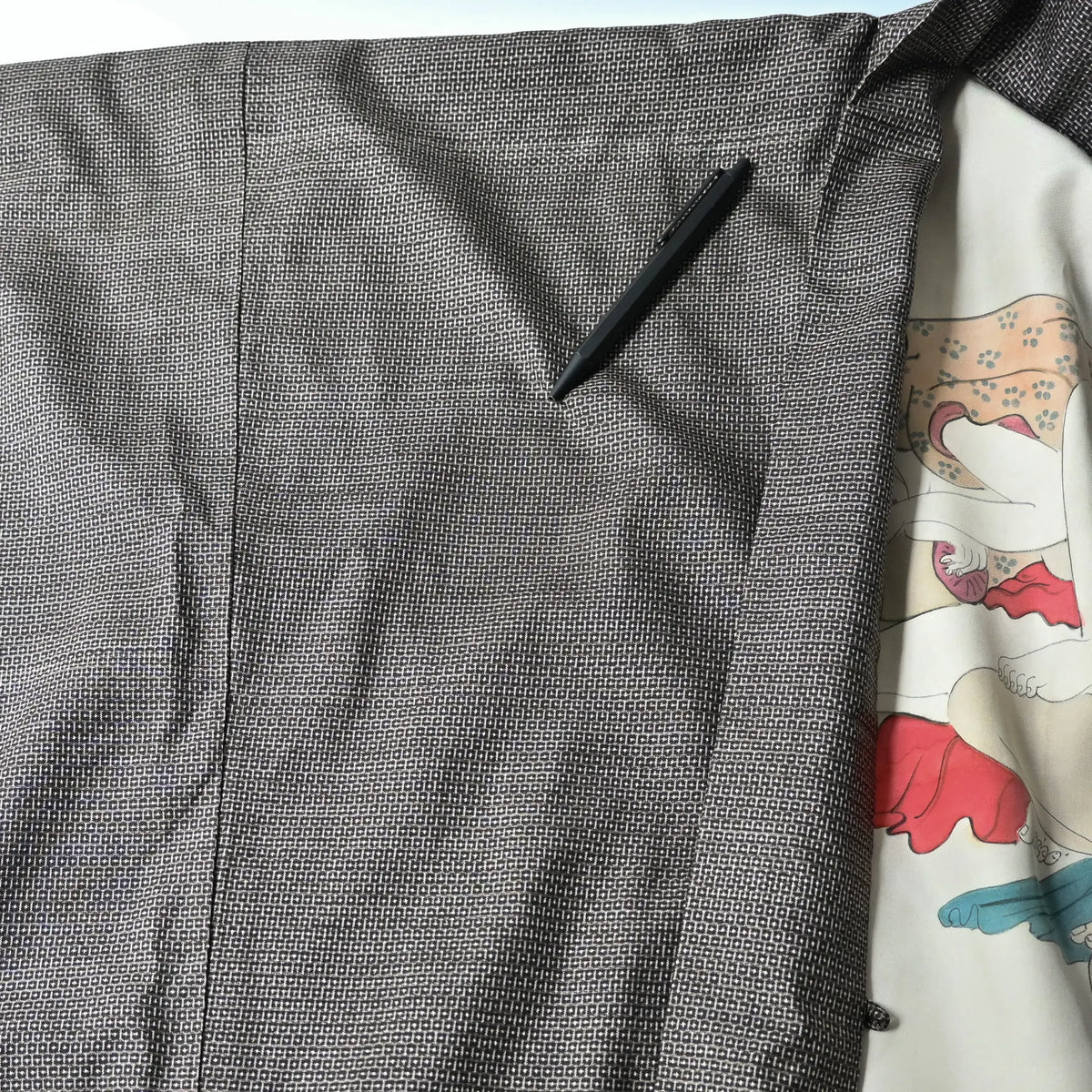 Stained part of vintage Japanese men's silk haori with rare hand-painted Shunga on the lining.
