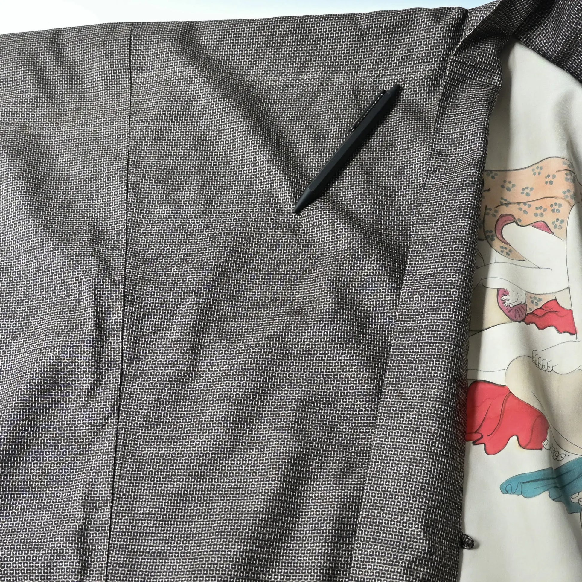 Stained part of vintage Japanese men's silk haori with rare hand-painted Shunga on the lining.