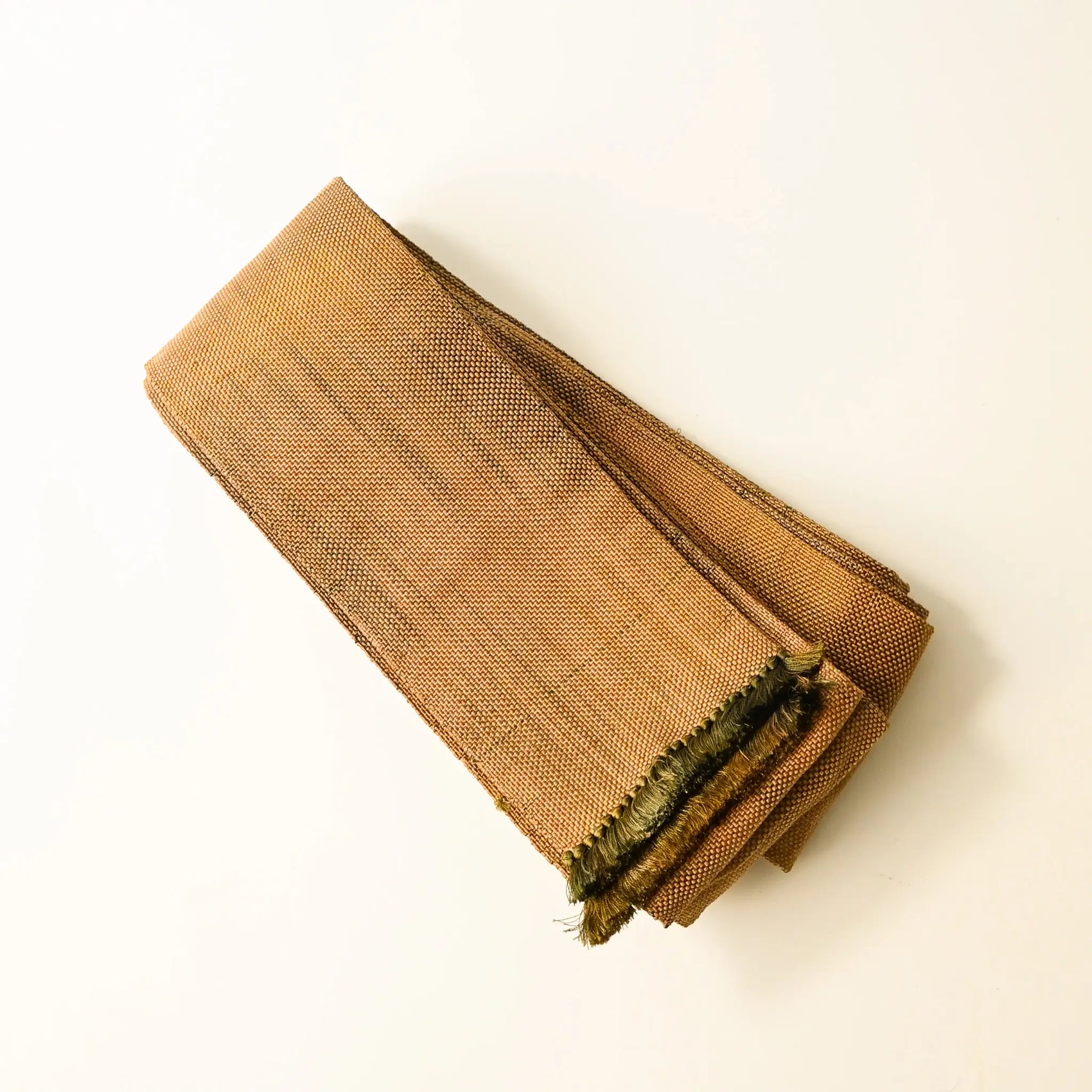 Vintage men's silk Kaku obi in earthy golden brown with textured weave.