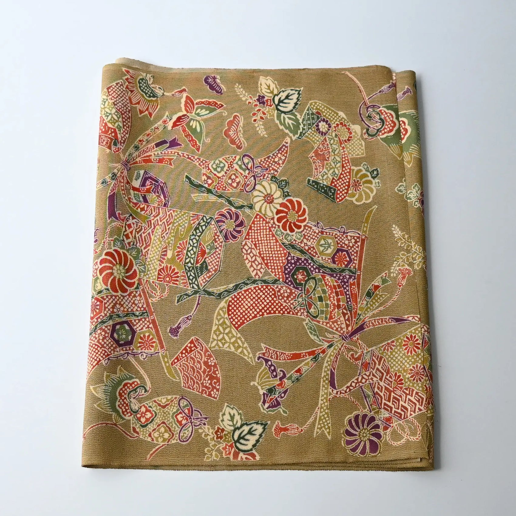 Vintage olive green Chirimen silk crepe with auspicious motifs.