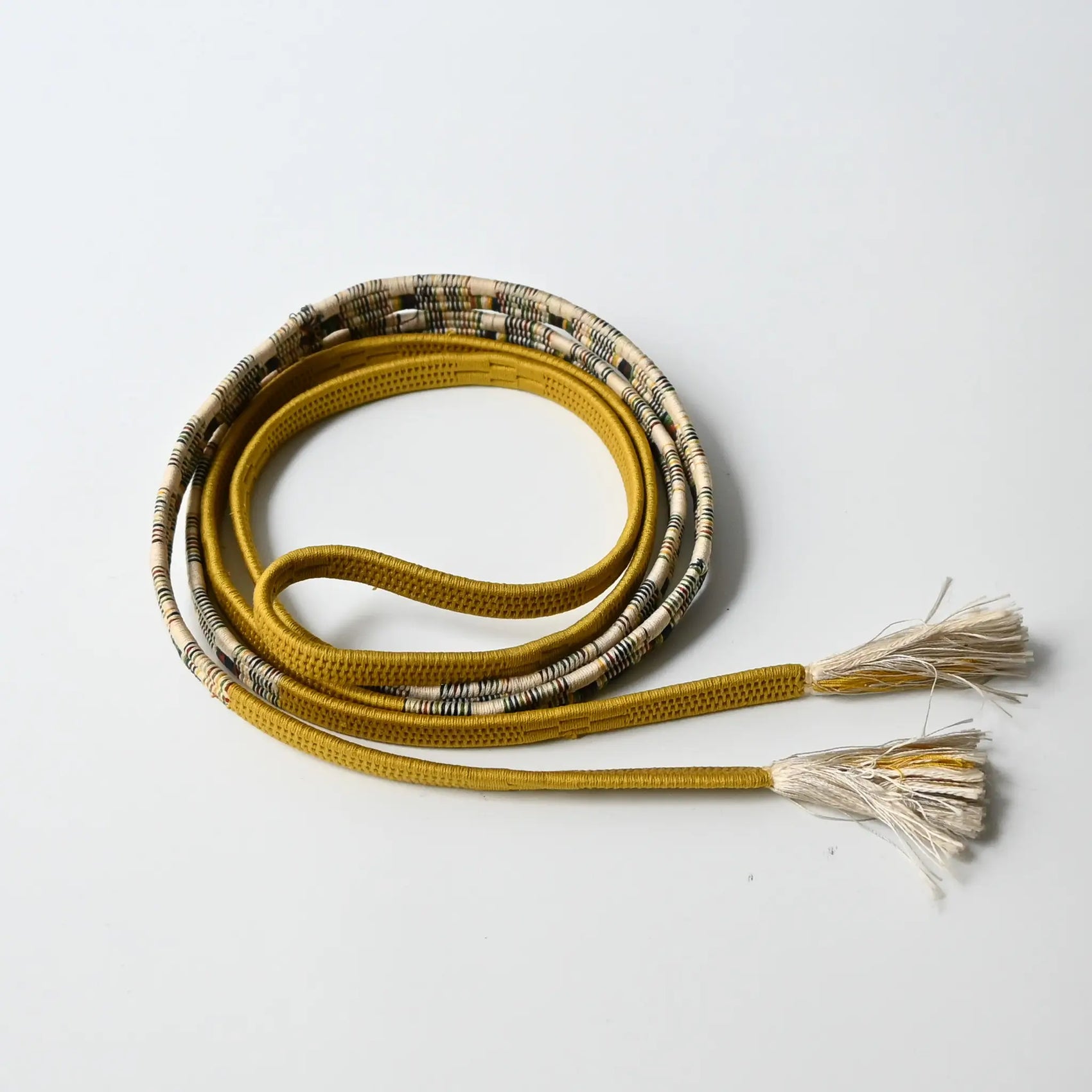 Vintage recycled women's kimono dress accessories, silk Obijime cord in mustard yellow.