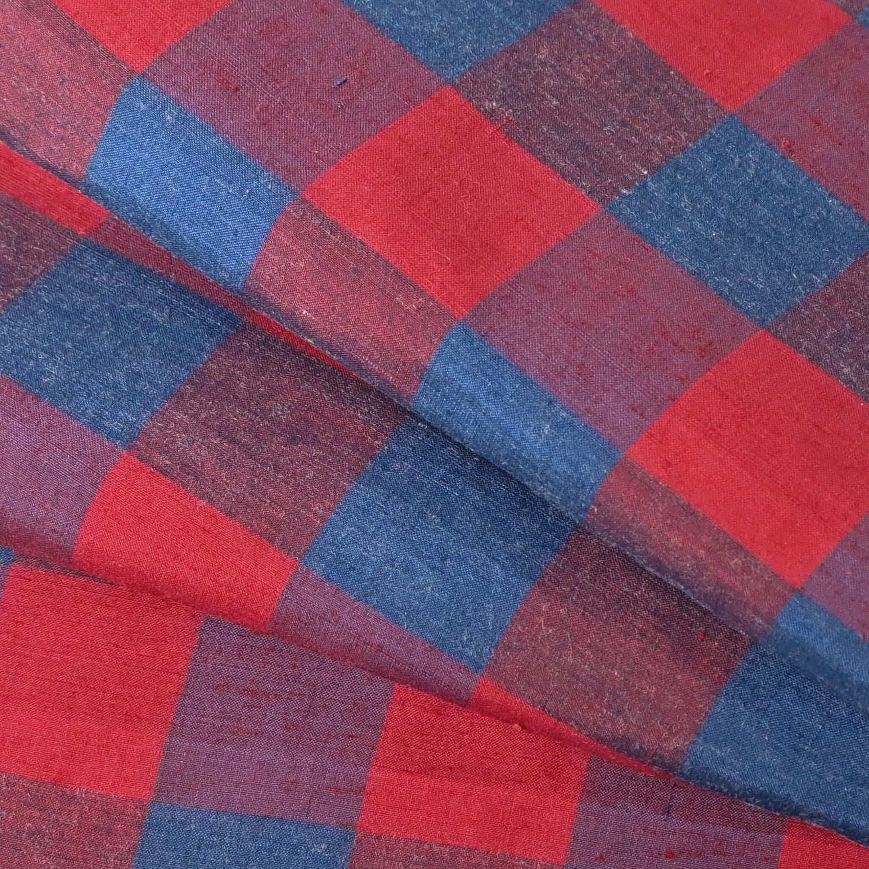 Vintage Red and Blue Check Tsumugi Silk Kimono Fabric Piece