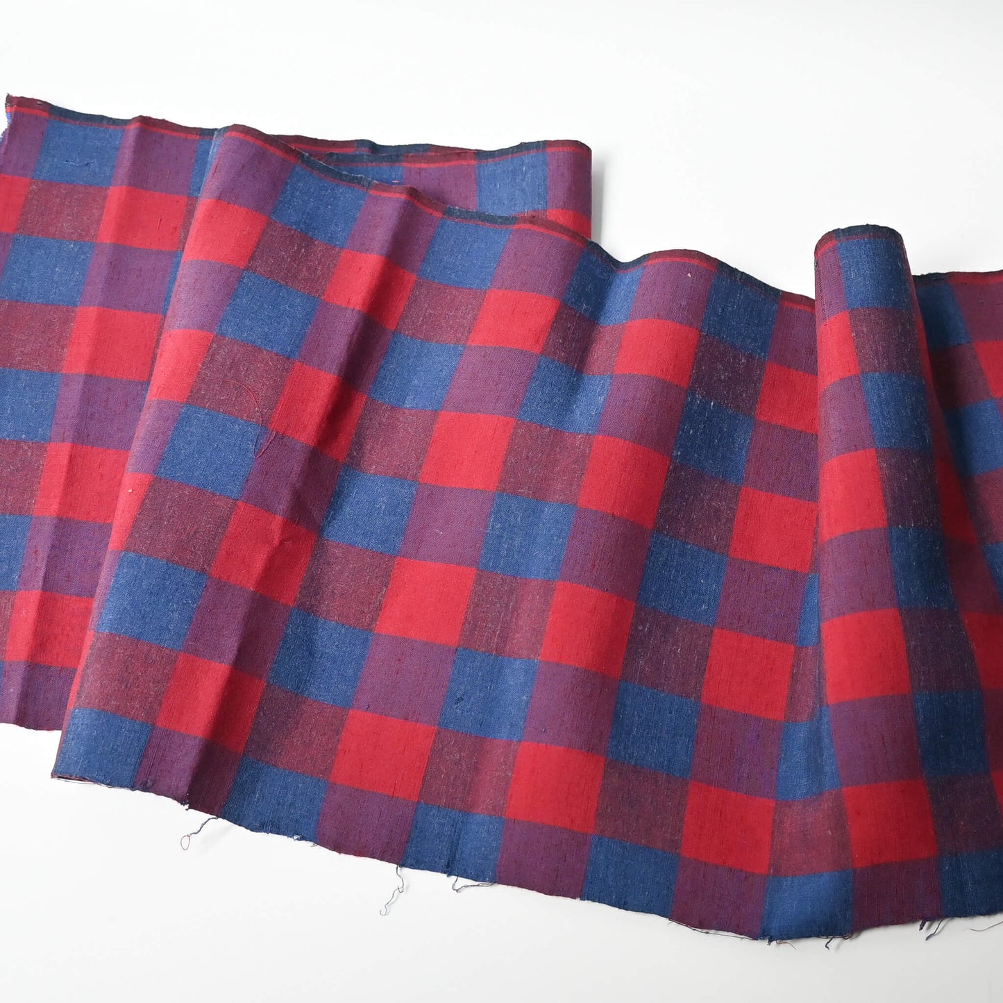 Vintage Red and Blue Check Tsumugi Silk Kimono Fabric Piece