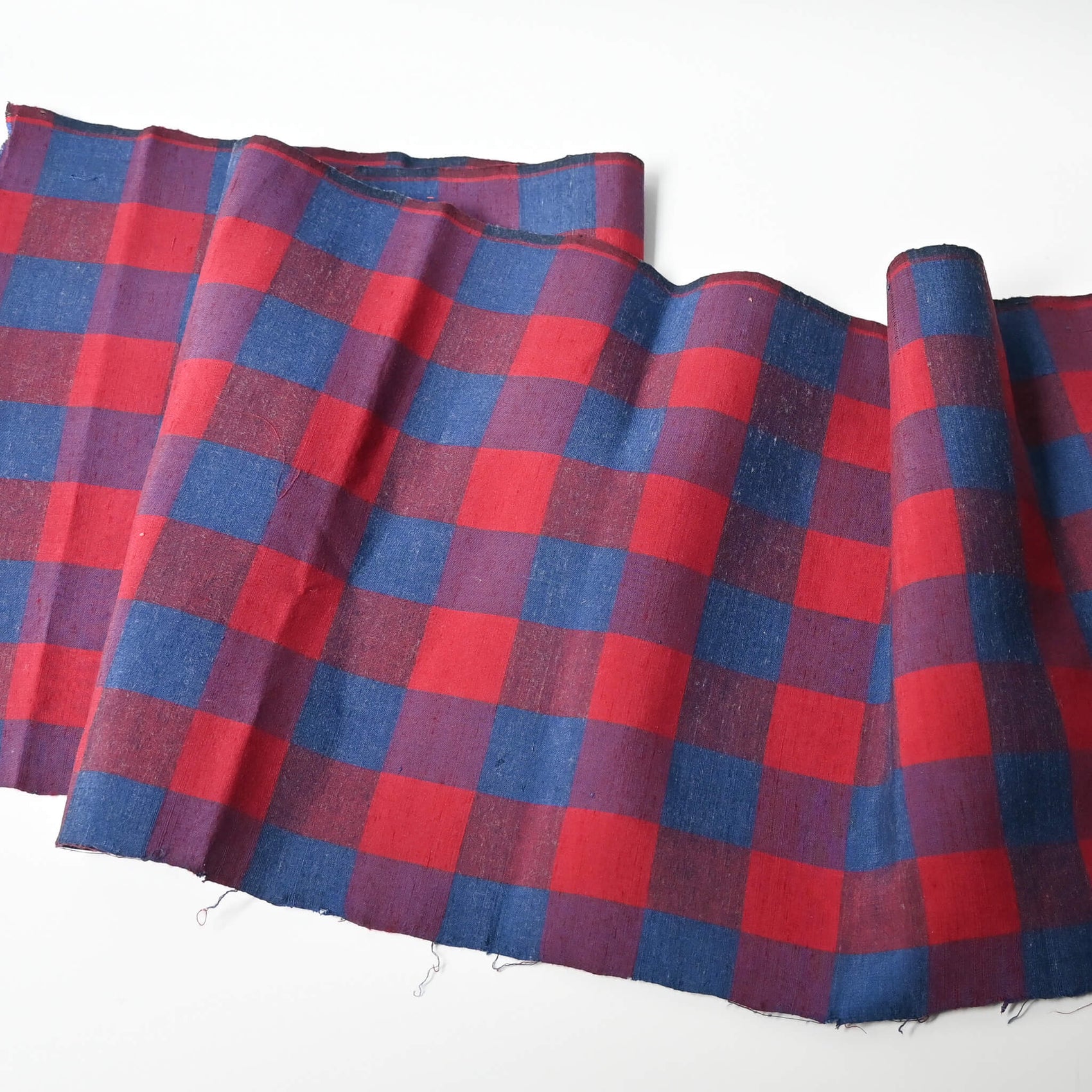 Vintage Red and Blue Check Tsumugi Silk Kimono Fabric Piece