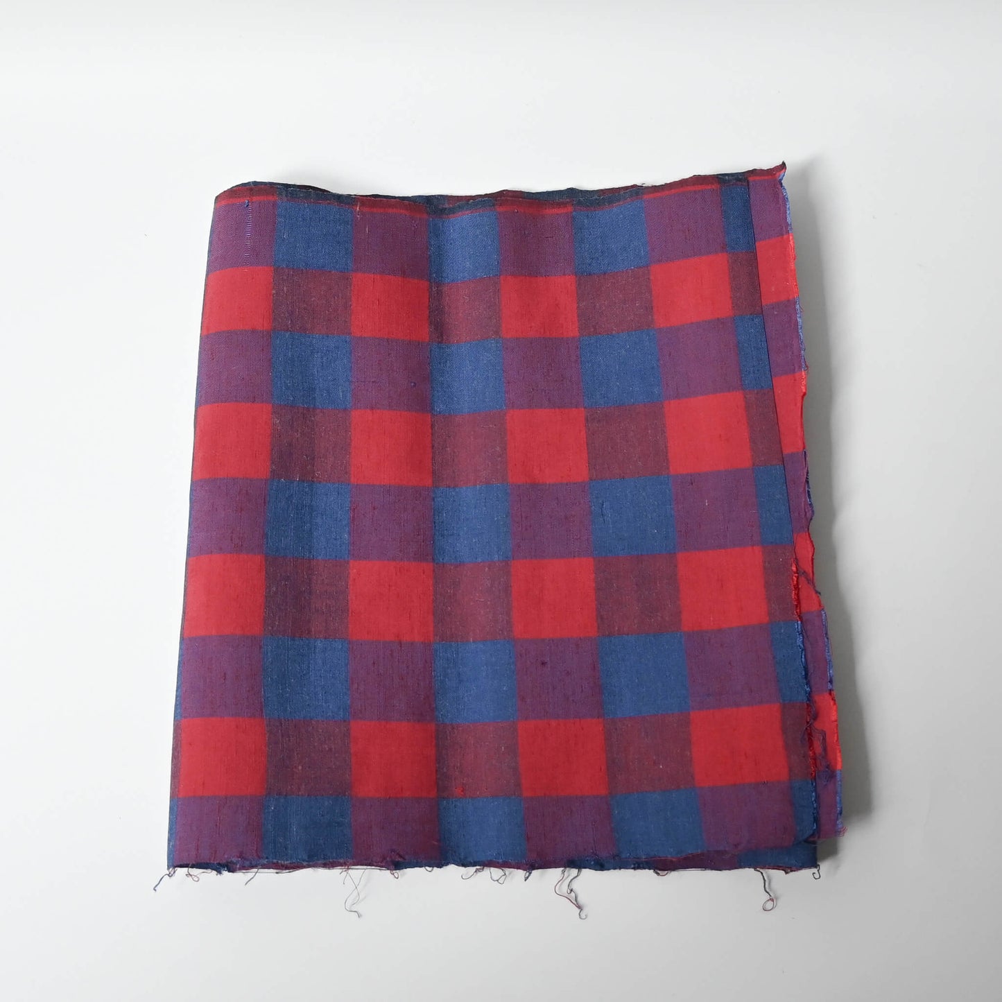 Vintage Red and Blue Check Tsumugi Silk Kimono Fabric Piece