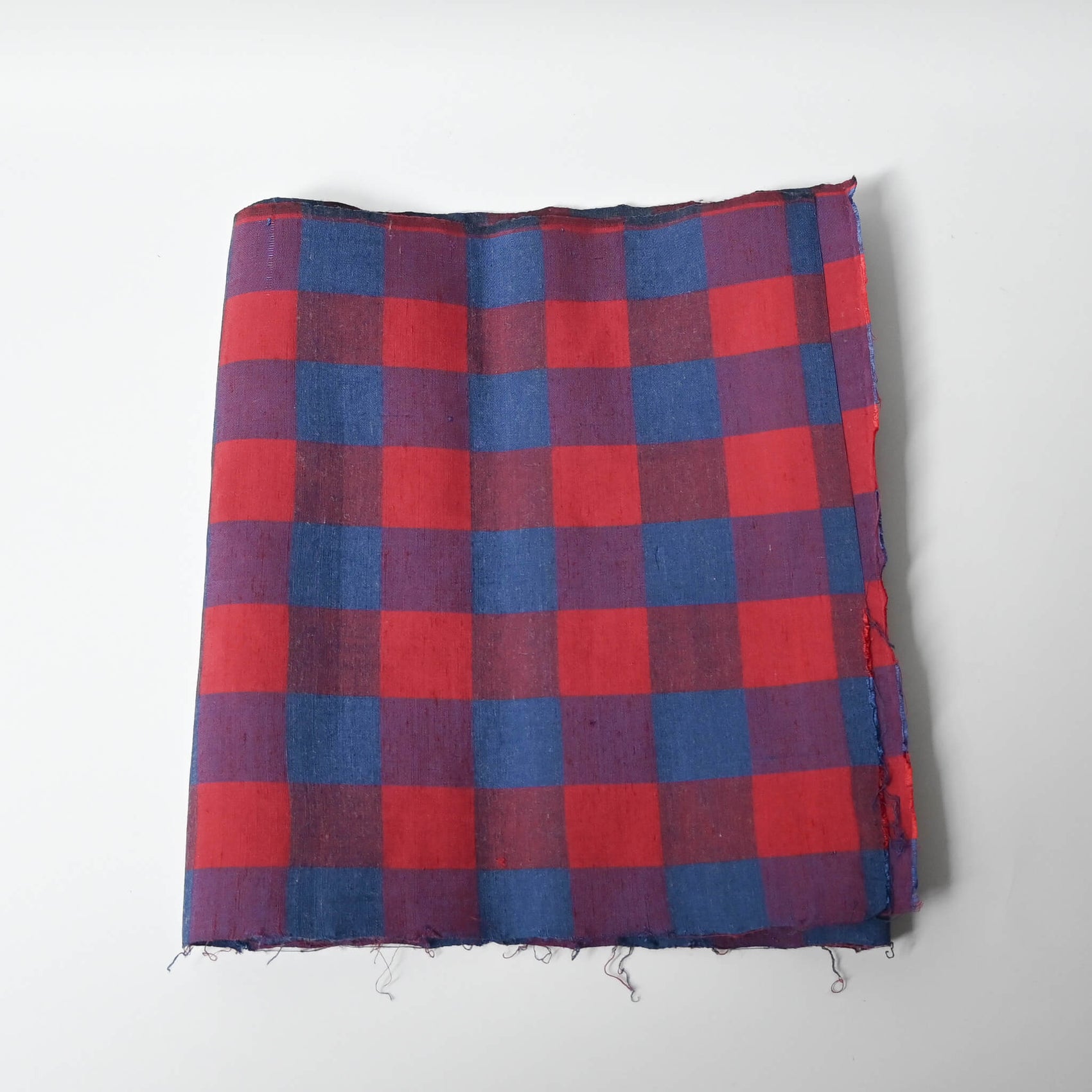 Vintage Red and Blue Check Tsumugi Silk Kimono Fabric Piece