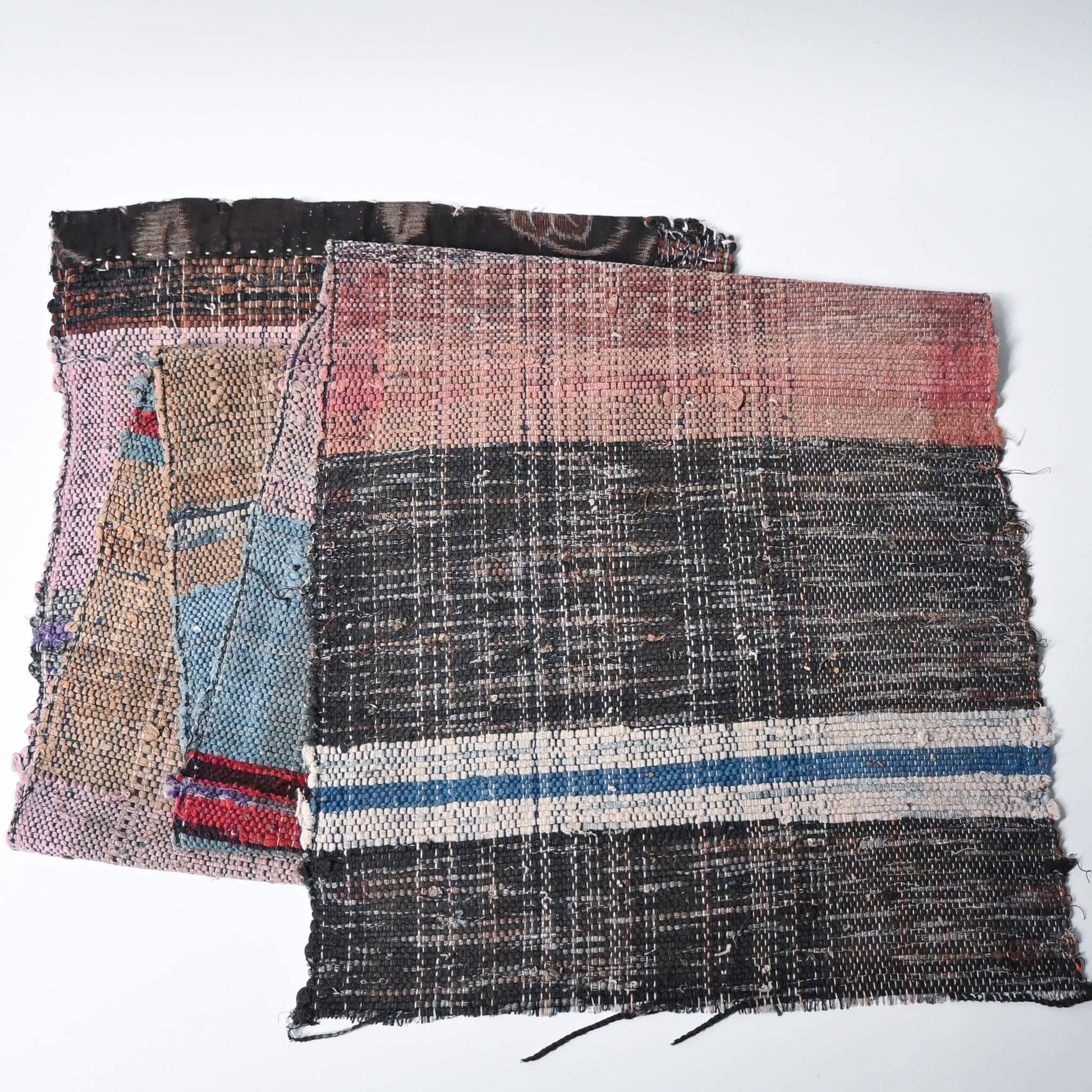Full view of vintage Sakiori fragment cloth from Tohoku region, woven from shredded strips of recycled kimono and futon covers.