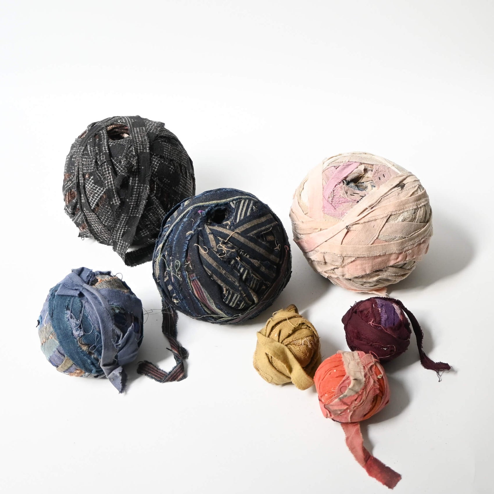 Vintage sakiori weaving yarn ball collection, stripped recycled old kimono fabrics, rare find.
