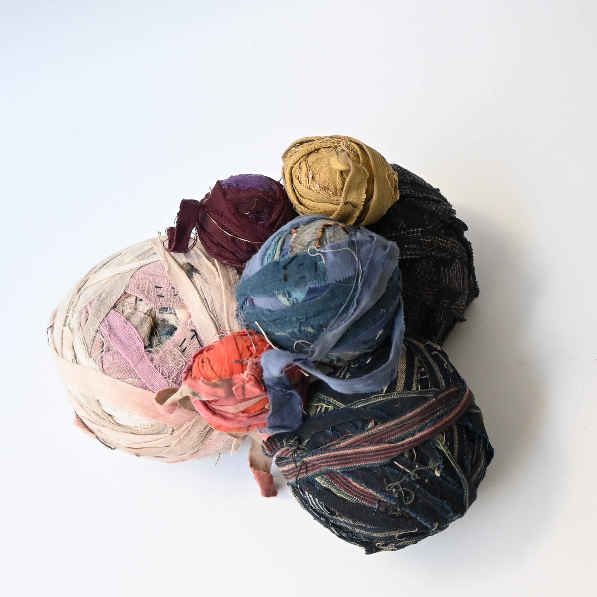 Vintage sakiori weaving yarn ball collection, stripped recycled old kimono fabrics, rare find.