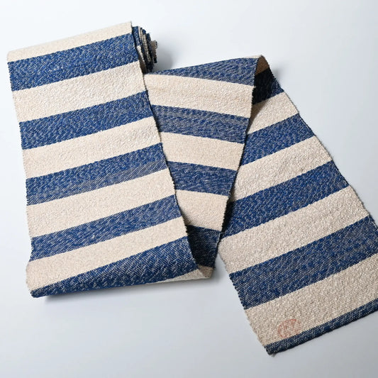 Full view of vintage blue and white striped obi woven with Shifu paper yarn.