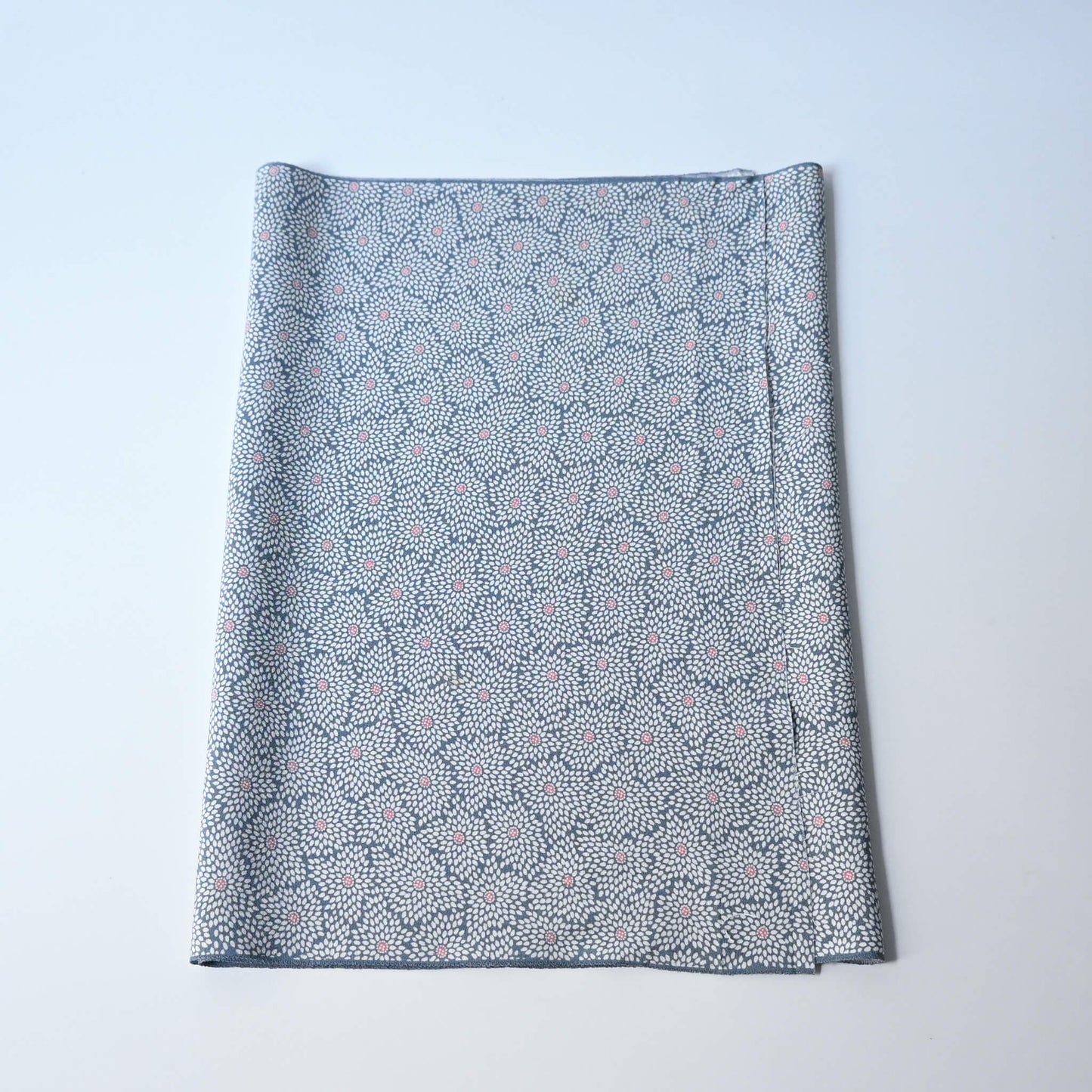 Vintage silk crepe kimono fabric in pale grey-blue with all over chrysanthemum pattern.