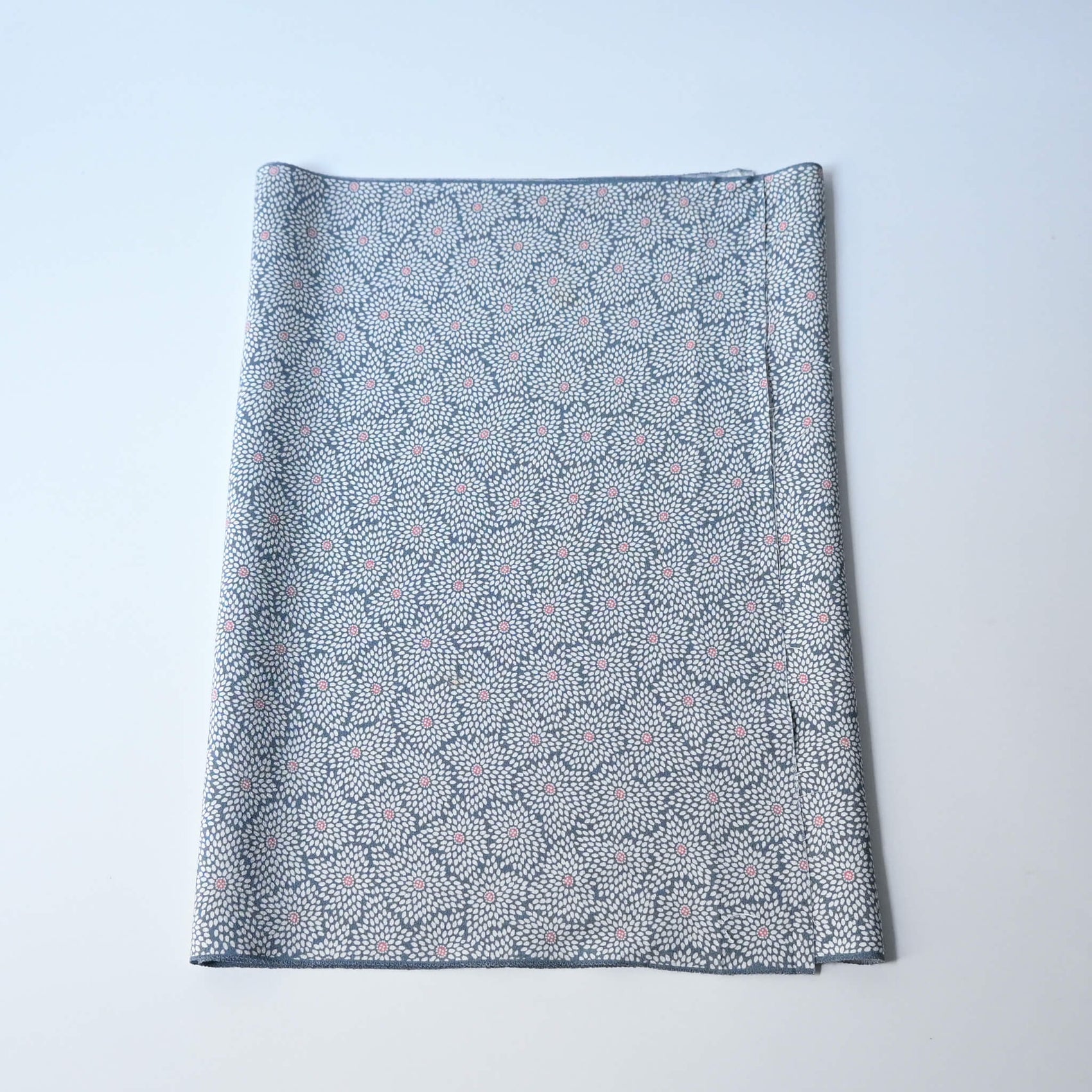 Vintage silk crepe kimono fabric in pale grey-blue with all over chrysanthemum pattern.