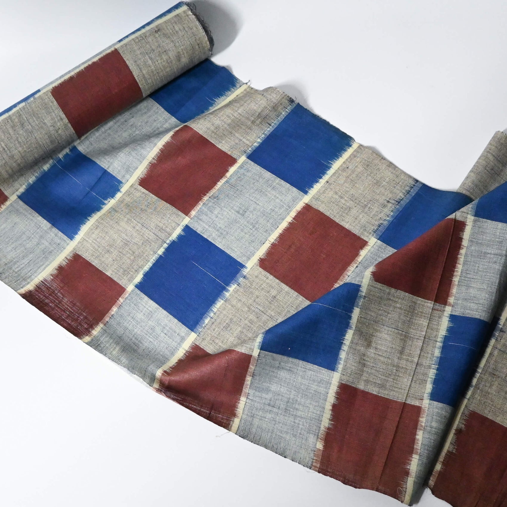 Vintage Japanese silk Haori lining fabric sold by the metre, large scale check pattern in blue and brown.