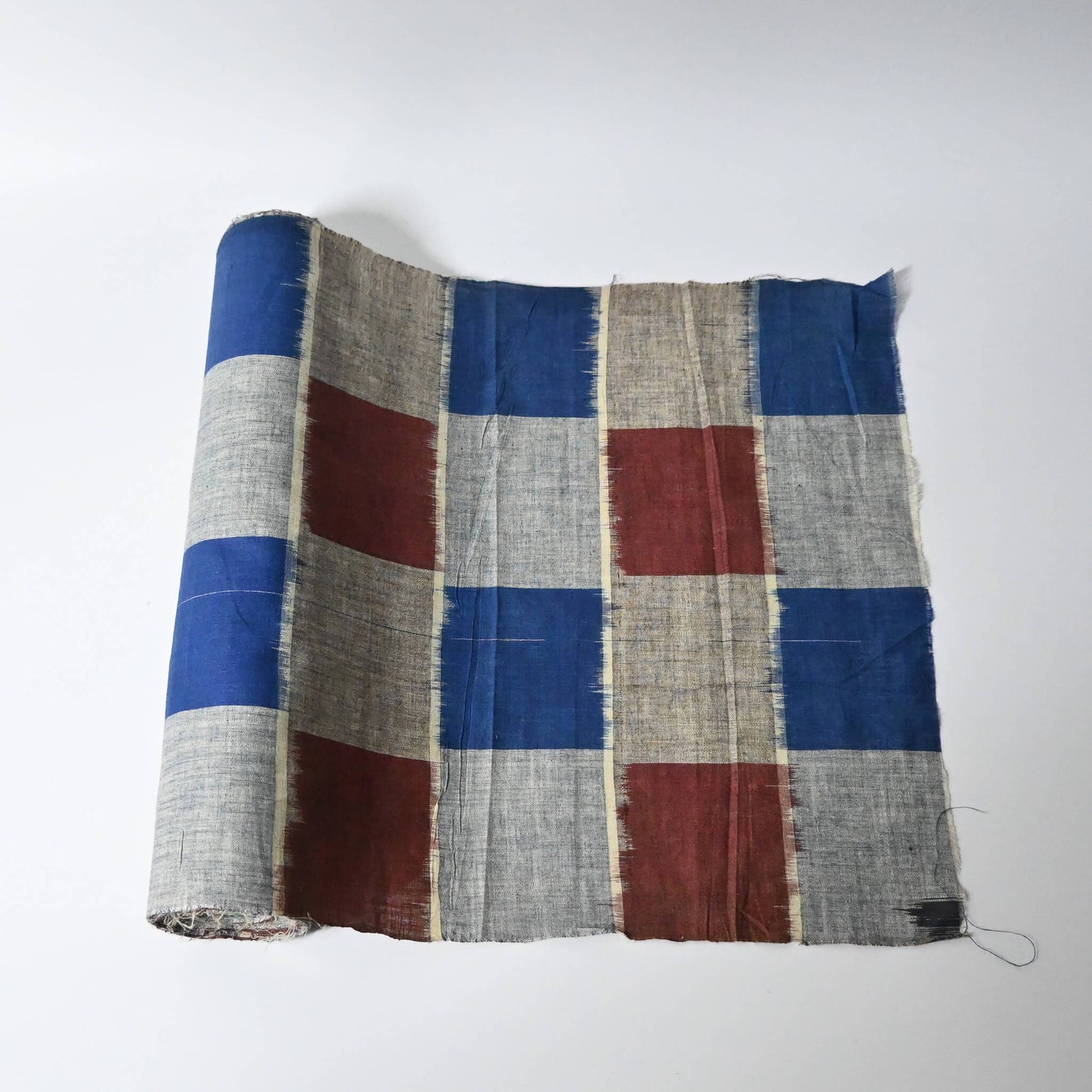 Vintage Japanese silk Haori lining fabric sold by the metre, large scale check pattern in blue and brown.