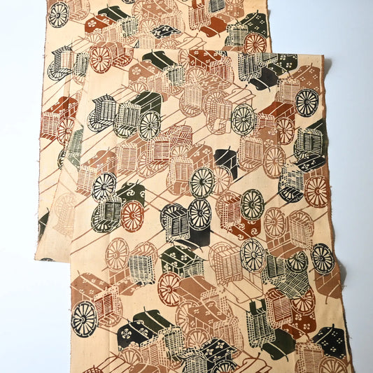 Full view of vintage silk kimono fabric piece with katazome stencil dyed court carriage motifs.