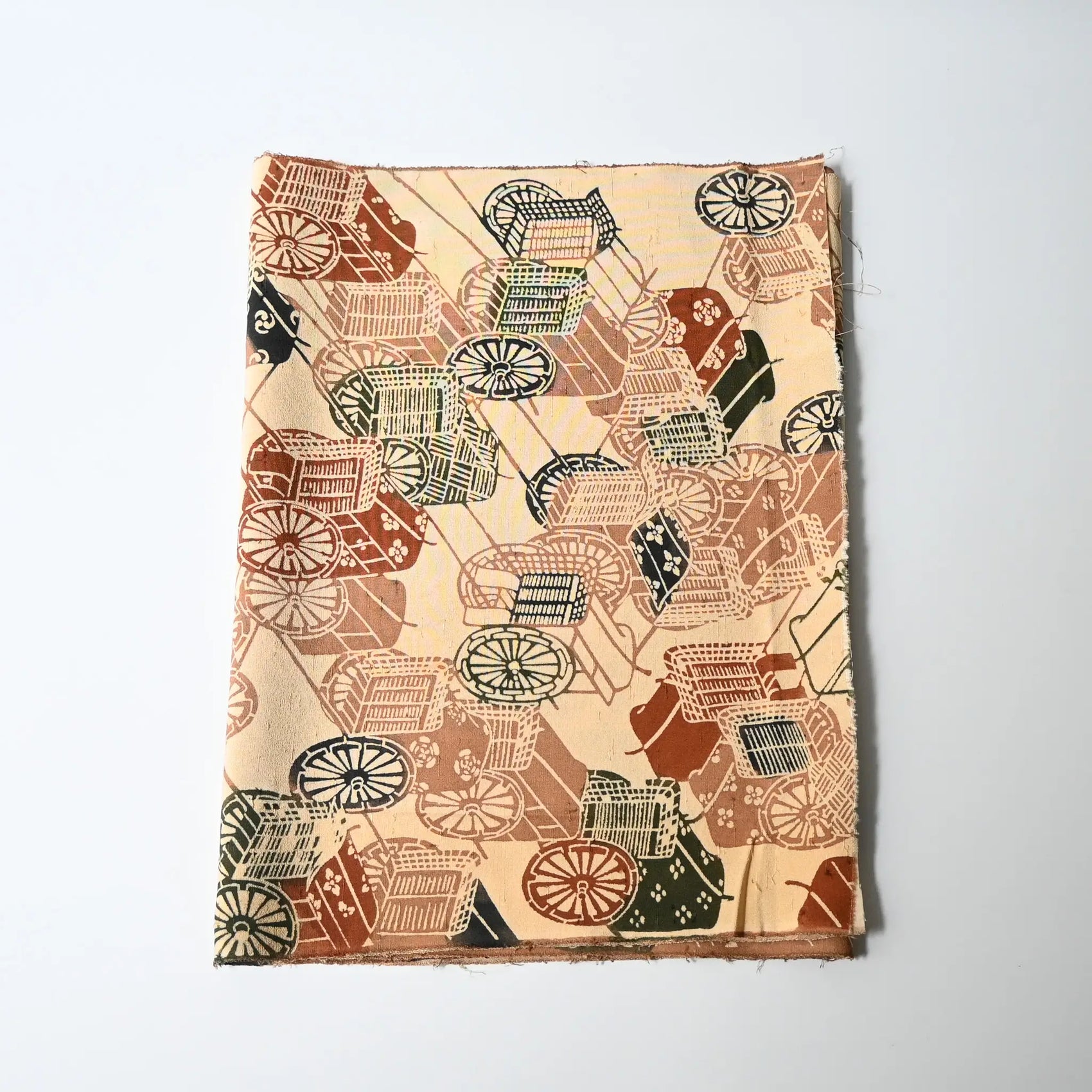 Vintage silk kimono fabric piece with katazome stencil dyed court carriage motifs.