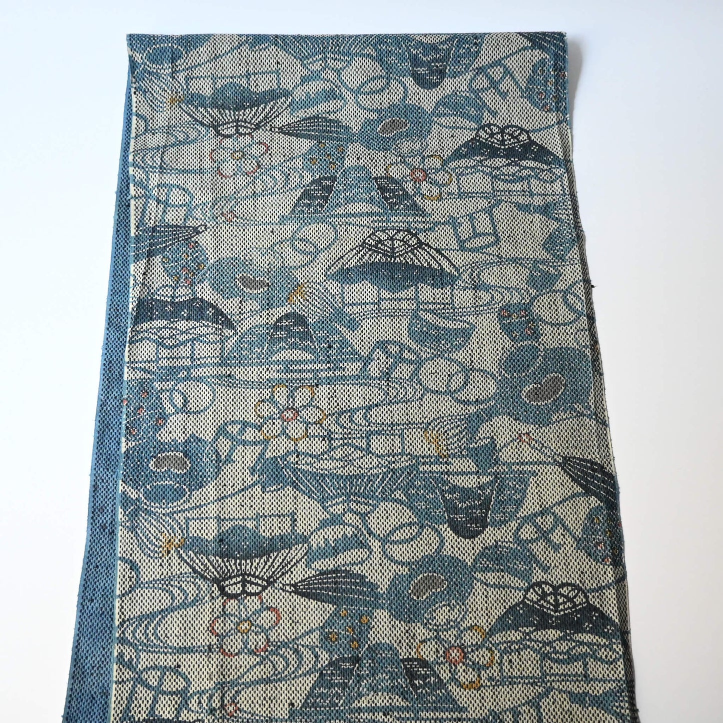 Full view of vintage silk kimono fabric piece with katazome dyed tea ceremony utensil motif.