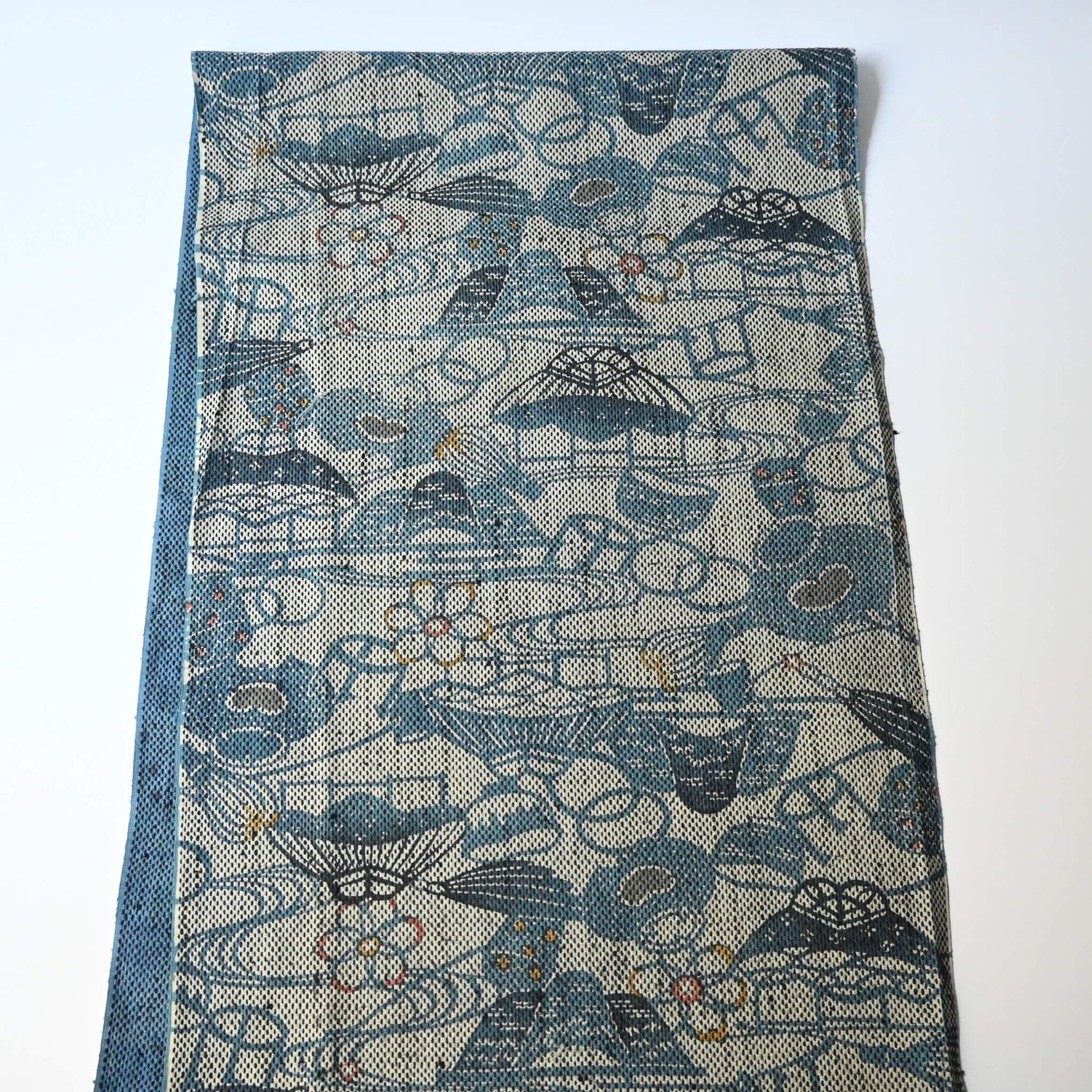 Full view of vintage silk kimono fabric piece with katazome dyed tea ceremony utensil motif.