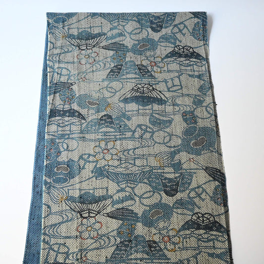 Full view of vintage silk kimono fabric piece with katazome dyed tea ceremony utensil motif.