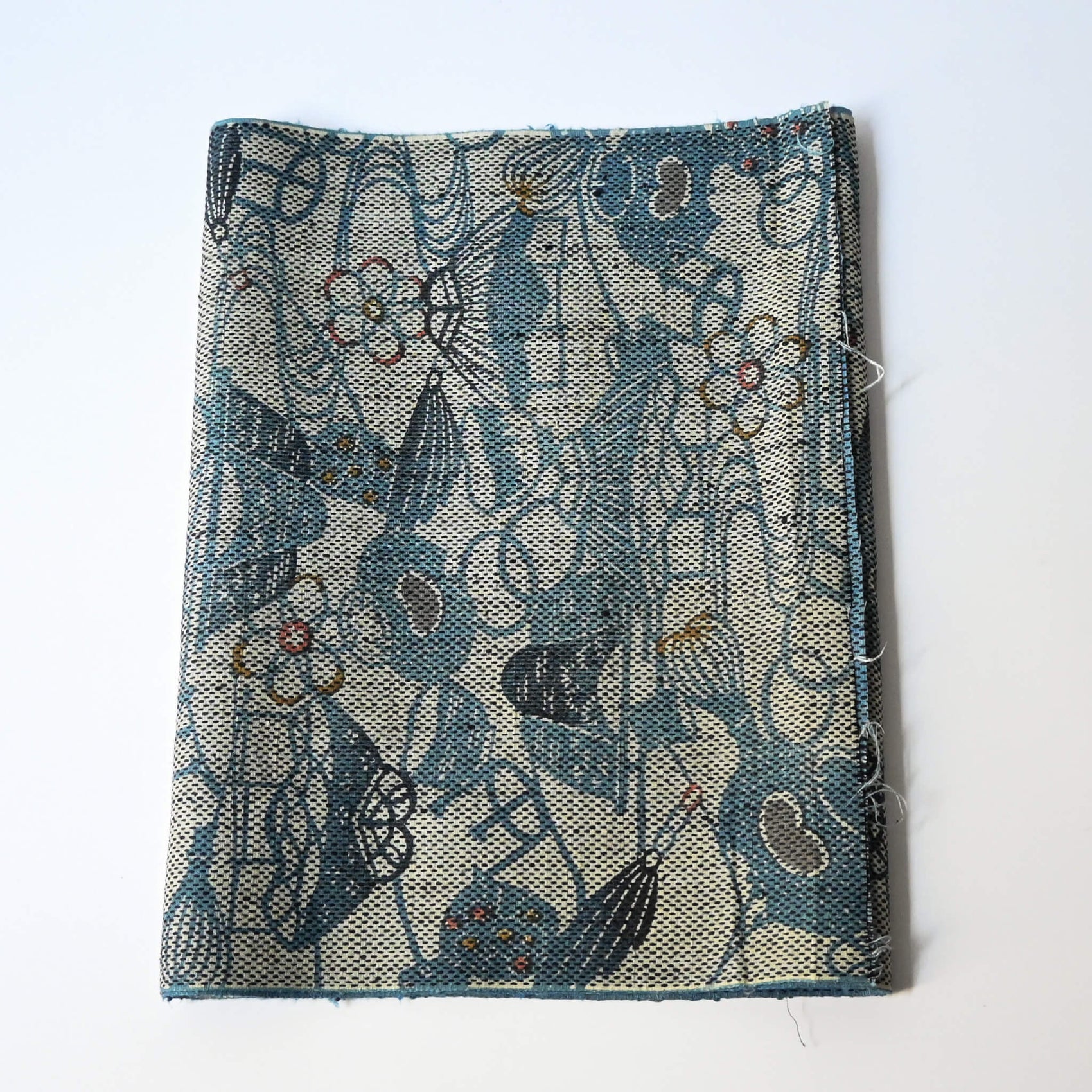 Vintage silk kimono fabric piece with katazome dyed tea ceremony utensil motif.