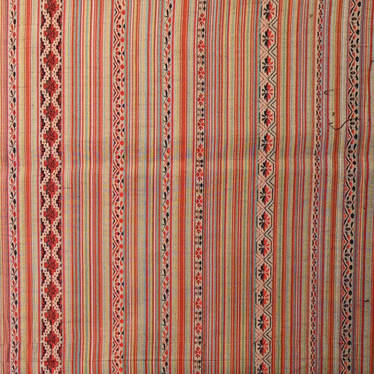 Detailed view of vintage silk kimono fabric with an unusual pattern, resembling Eastern European folk textiles.
