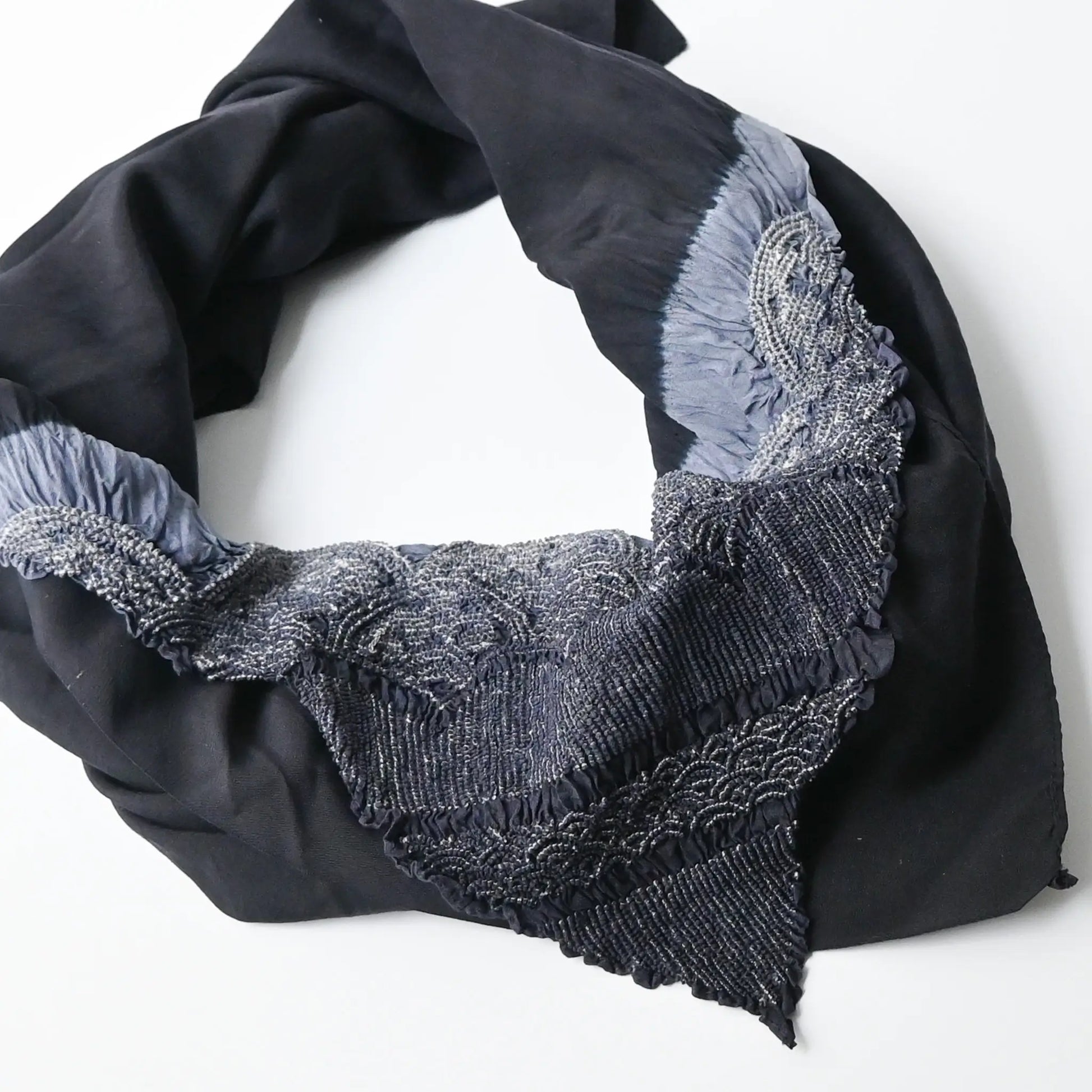 Vintage Japanese silk furoshiki with a hand-dyed shibori in dark navy can be worn as a scarf.