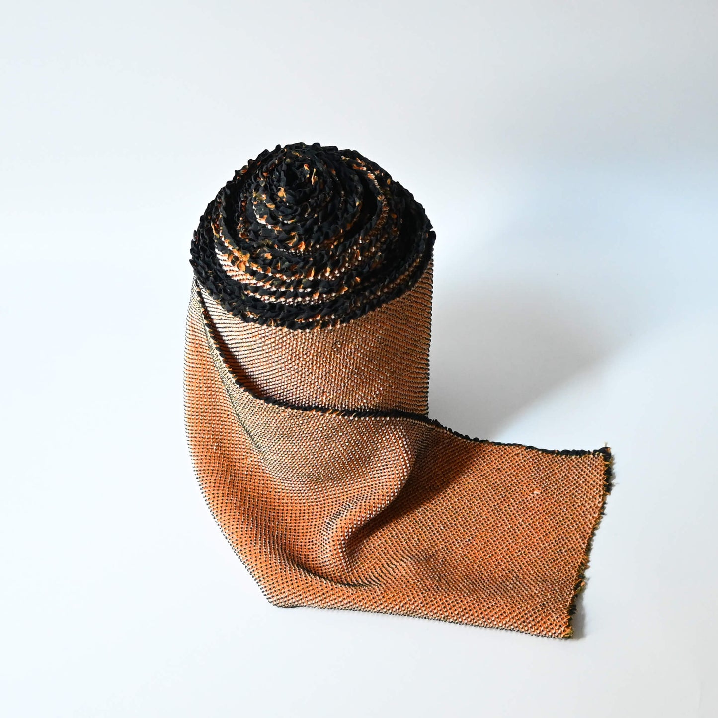 Vintage silk shibori kimono fabric bolt in orange and black, unfinished, yunoshimae.