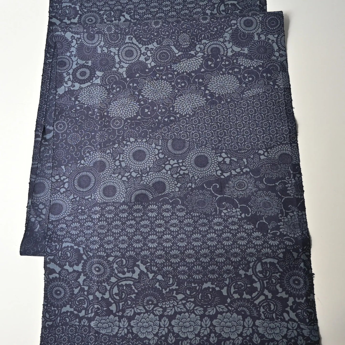 Vintage tsumugi silk kimono fabric with katazome floral arabesque pattern in soft indigo tones.