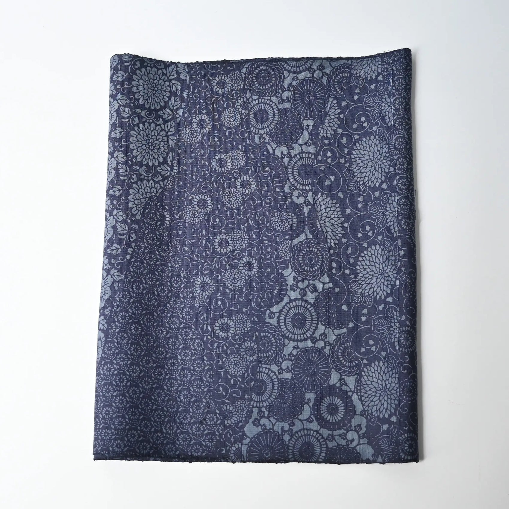 Vintage tsumugi silk kimono fabric with katazome floral arabesque pattern in soft indigo tones.