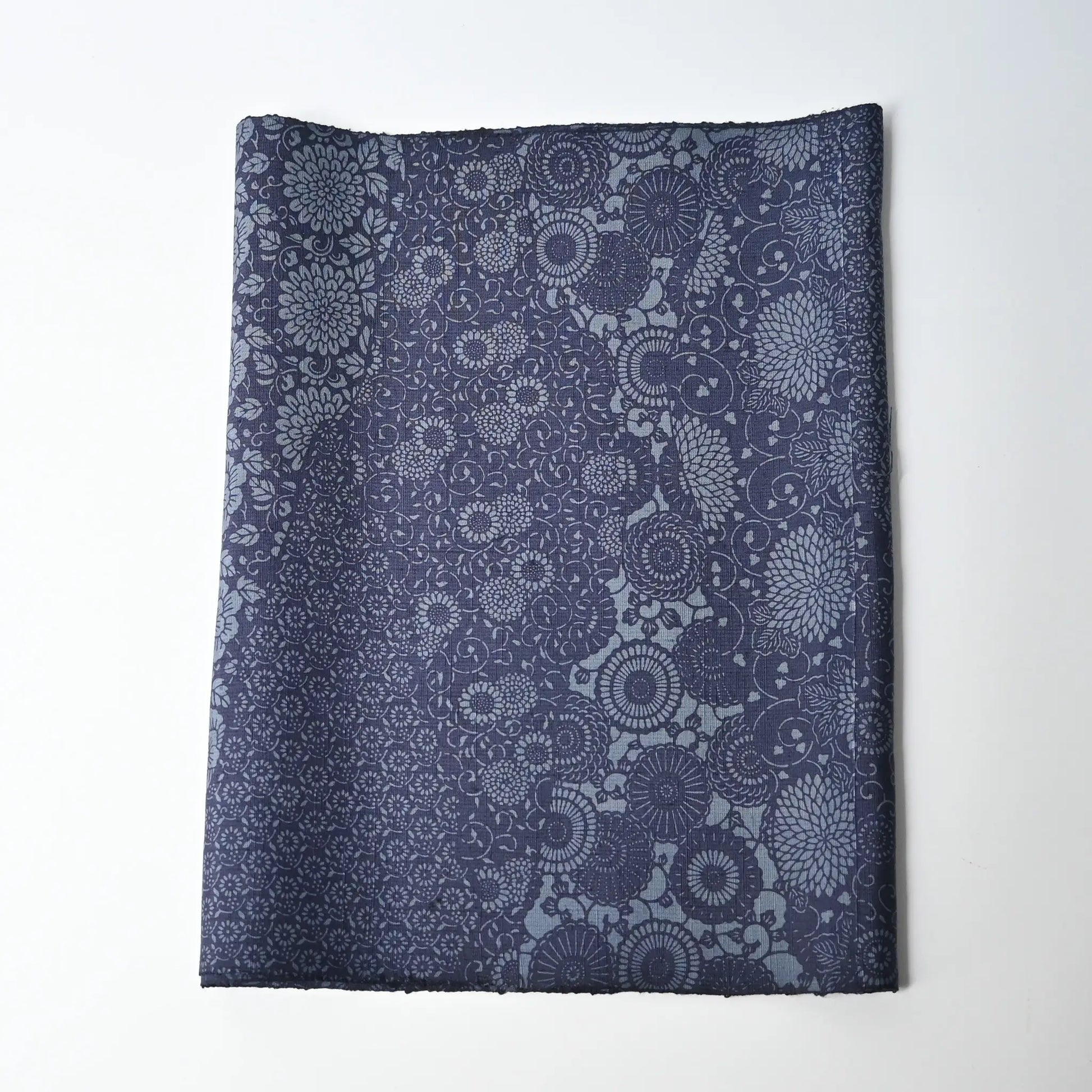 Vintage tsumugi silk kimono fabric with katazome floral arabesque pattern in soft indigo tones.