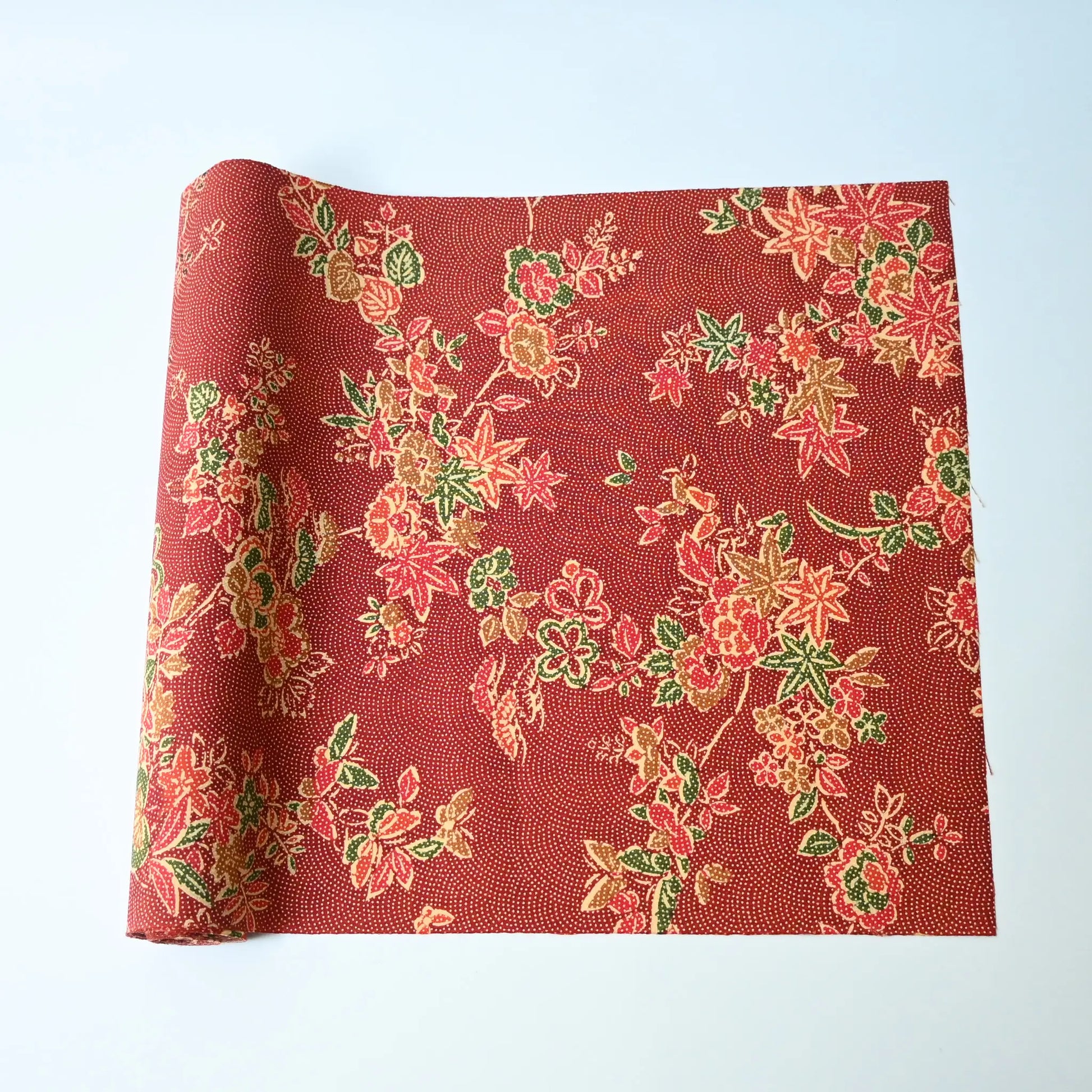 Vintage Japanese silk wool red floral kimono fabric.