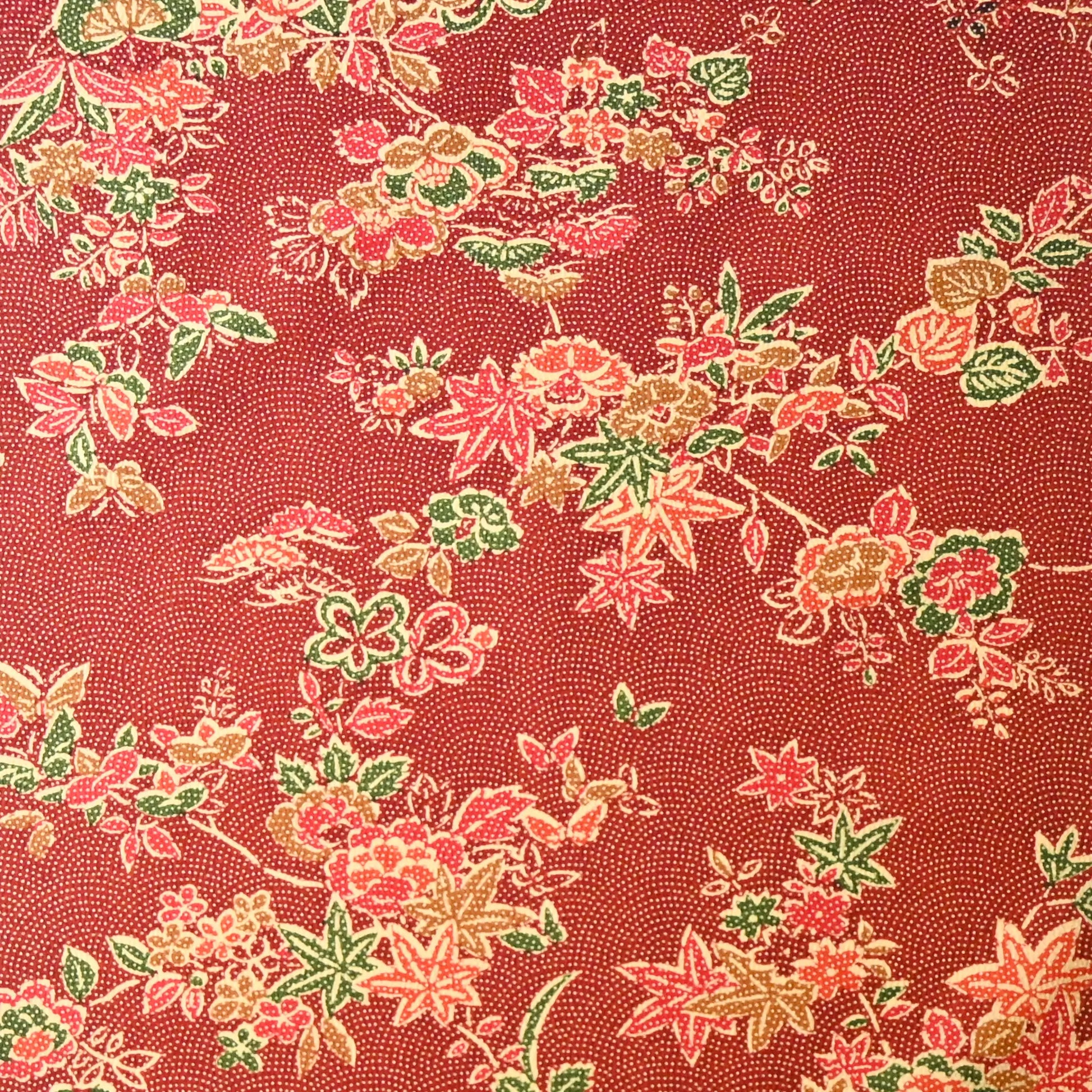 Vintage Japanese silk wool kimono fabric in deep red with pretty floral pattern.