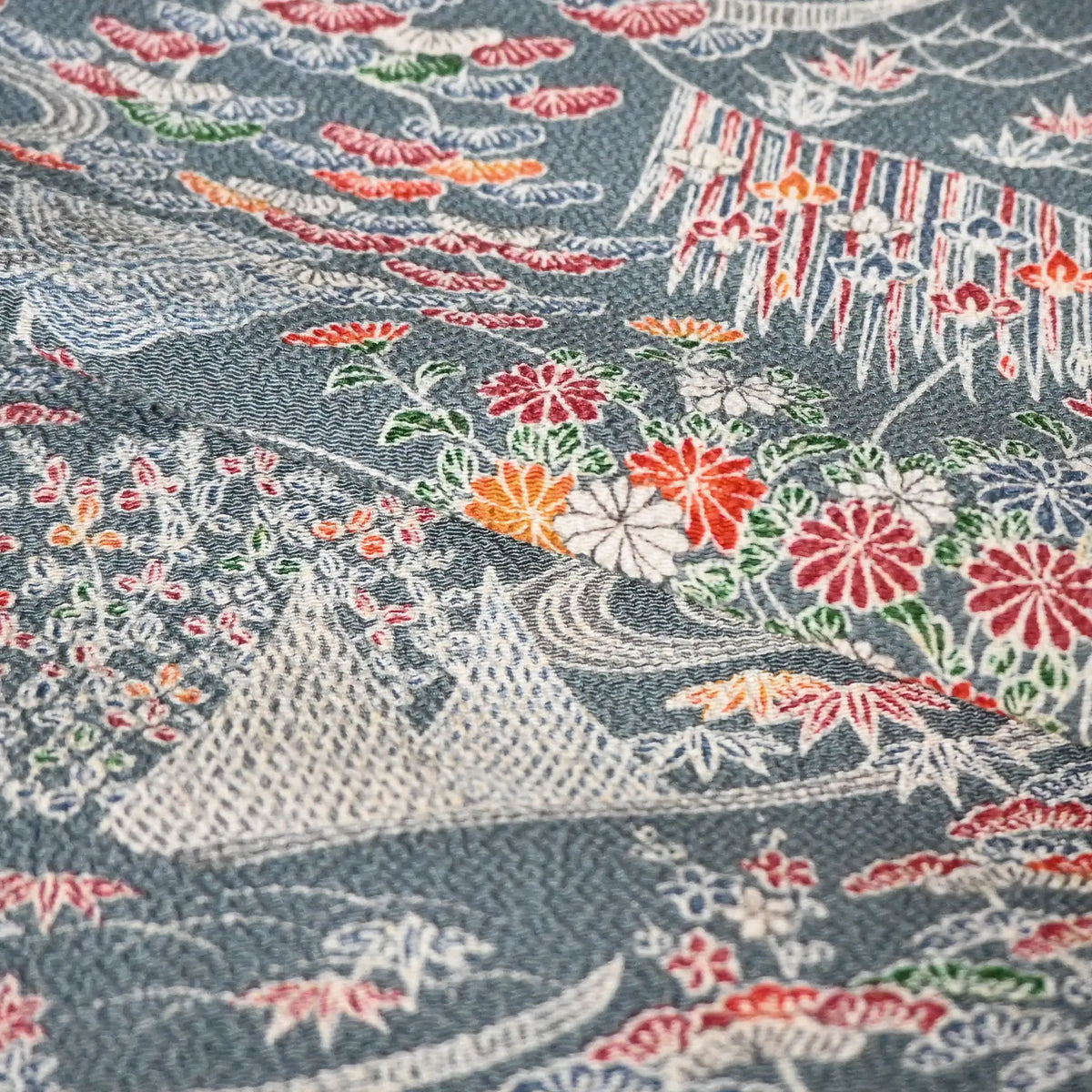 Vintage Japanese heavy silk crepe Chirimen kimono fabric in slate grey with Aboshi motif.