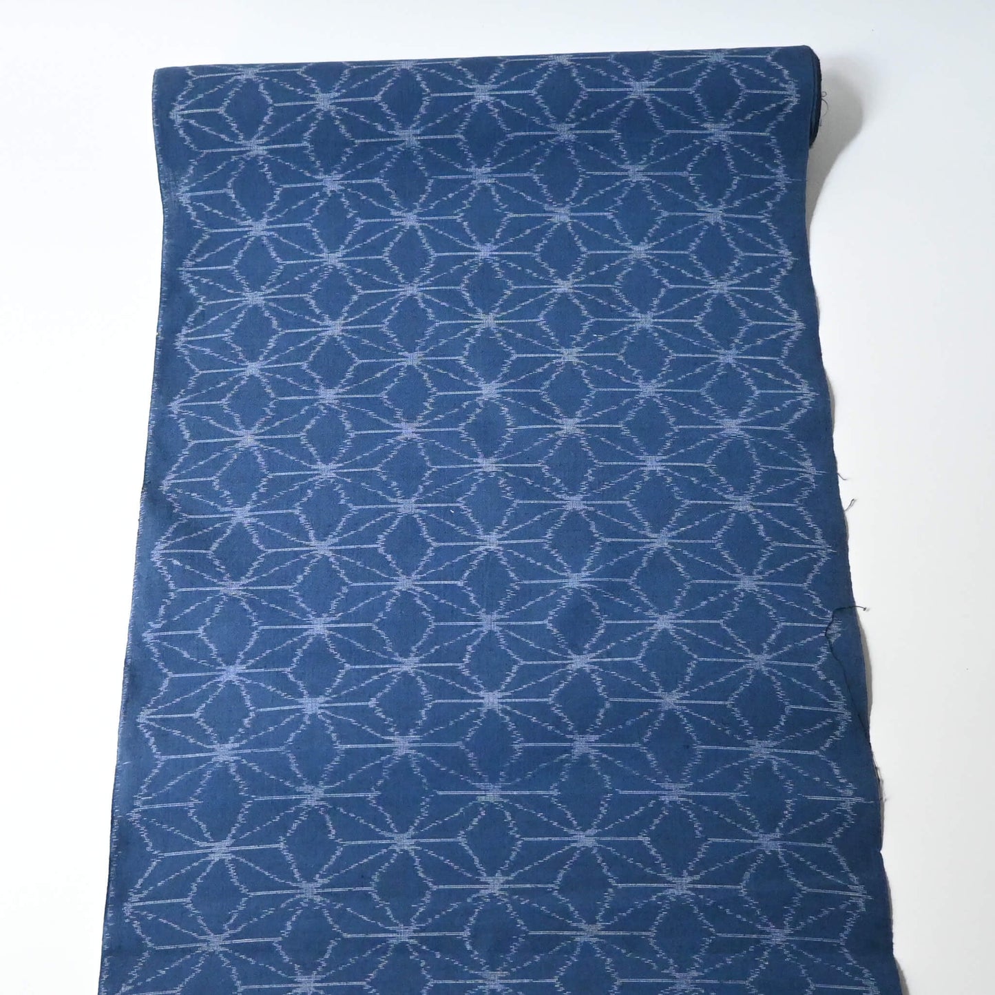 Vintage soft blue cotton kimono fabric with Asanoha hemp leaf motif, sold by the metre.