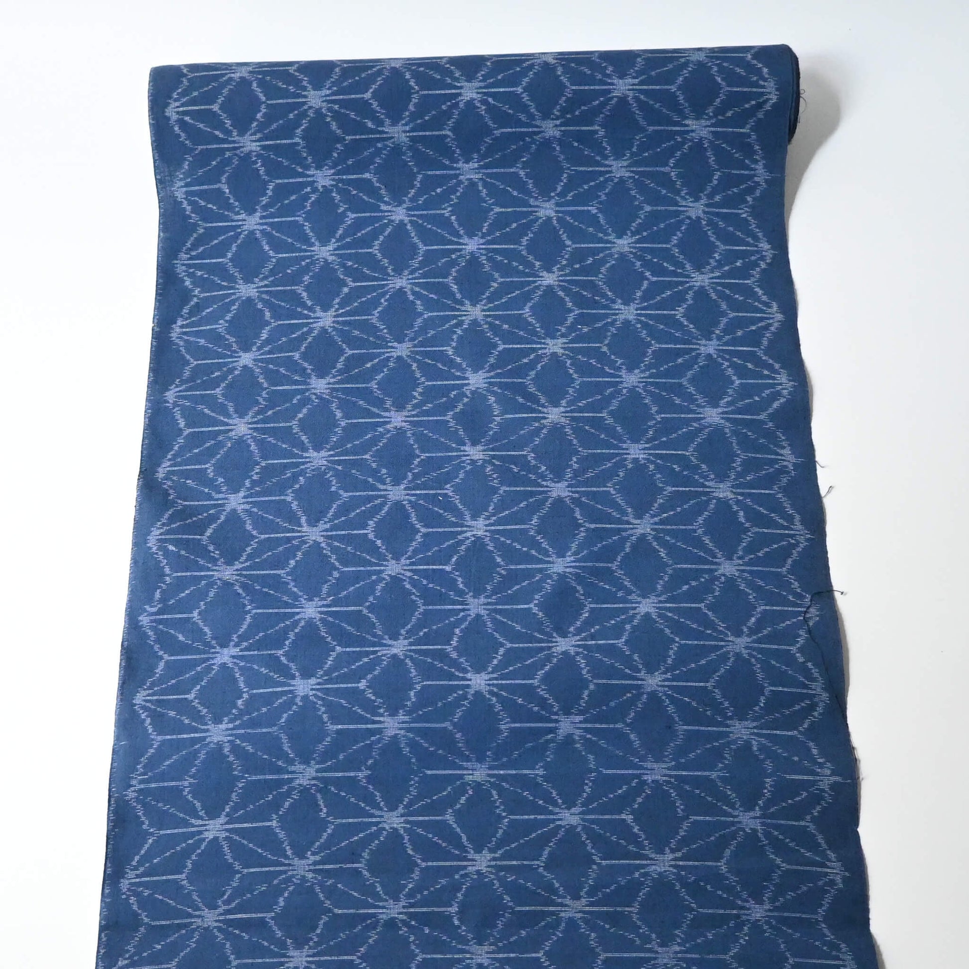 Vintage soft blue cotton kimono fabric with Asanoha hemp leaf motif, sold by the metre.