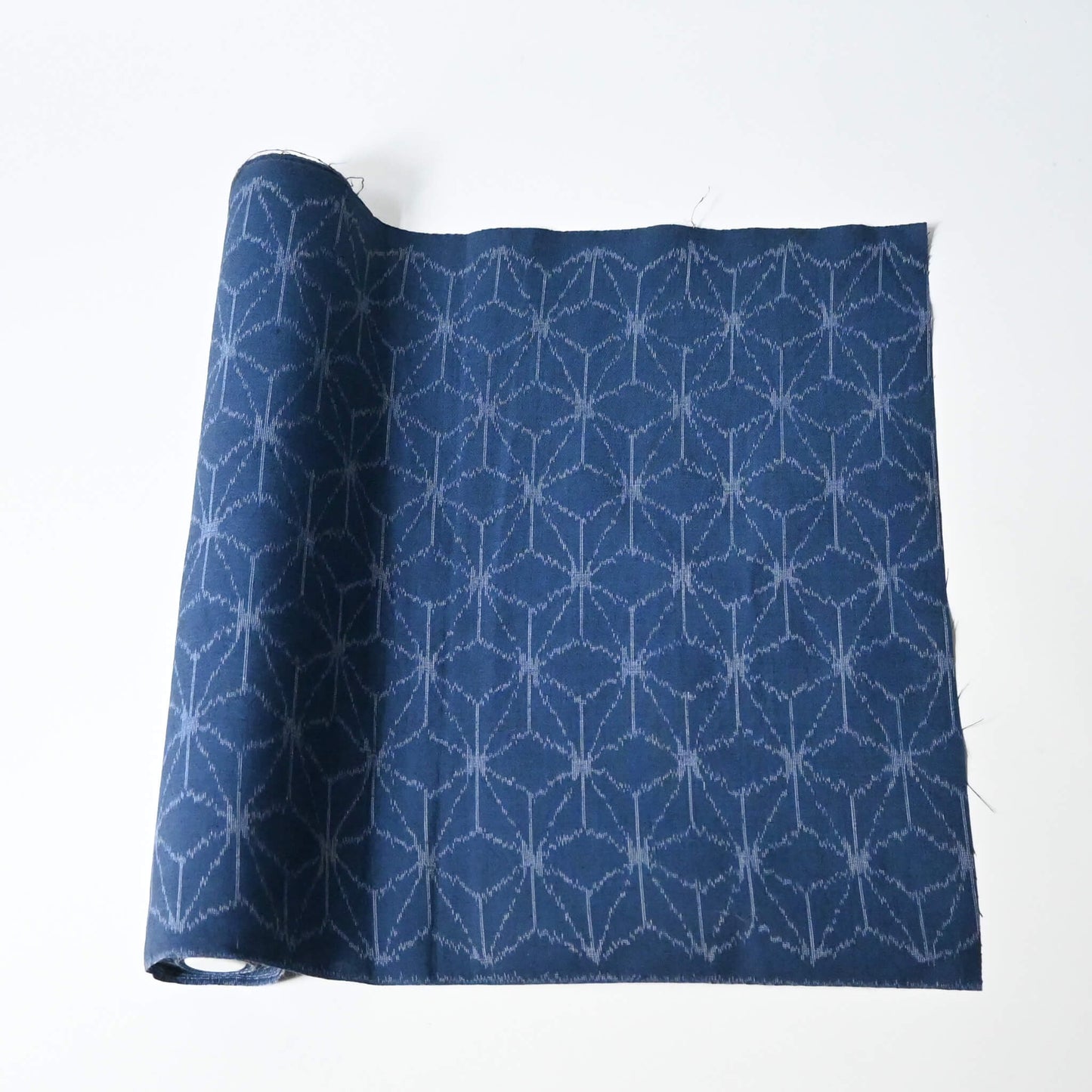 Vintage soft blue cotton kimono fabric with Asanoha hemp leaf motif, sold by the metre.