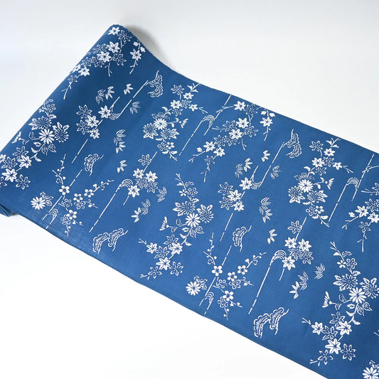 Vintage traditional Japanese yukata cotton fabric with seasonal flowers in soft blue.